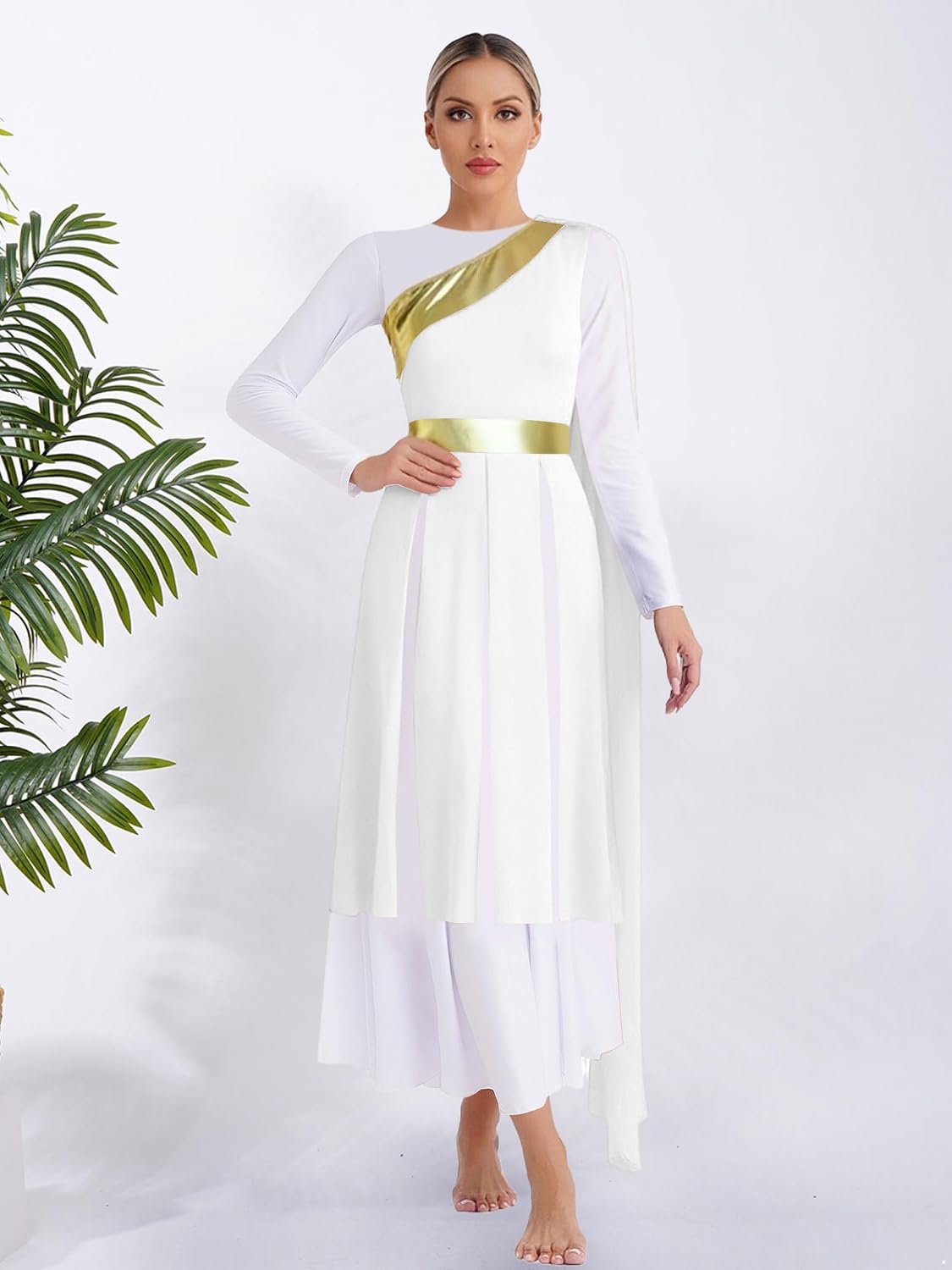 Womens One-Shoulder Praise Dance Tunic with Shoulder Sash Liturgical Worship Lyrical Dance Dress
