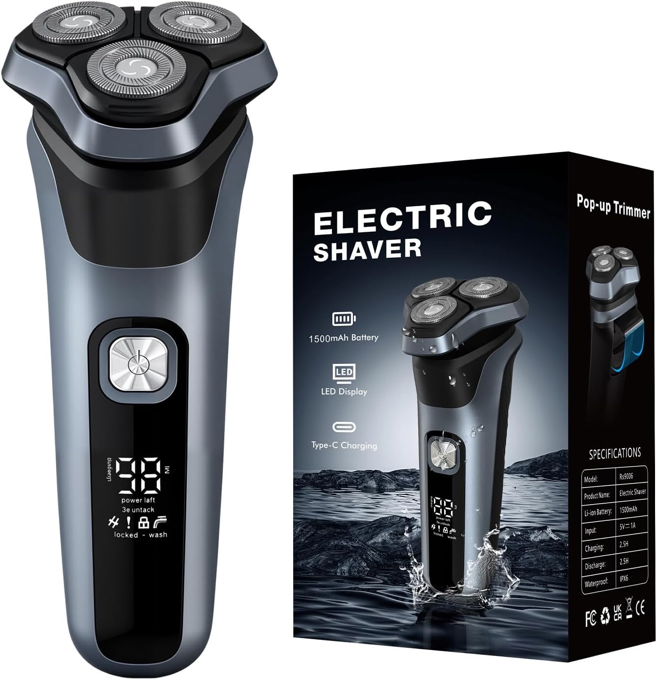 Electric Shavers for Men, 150-Min Runtime, Wet/Dry Electric Razor with Waterproof Design, Pop-Up Trimmer, Magnetic Detachable Blade Heads, LED Display, Smoothly Adheres to Sensitive Skin, Blue