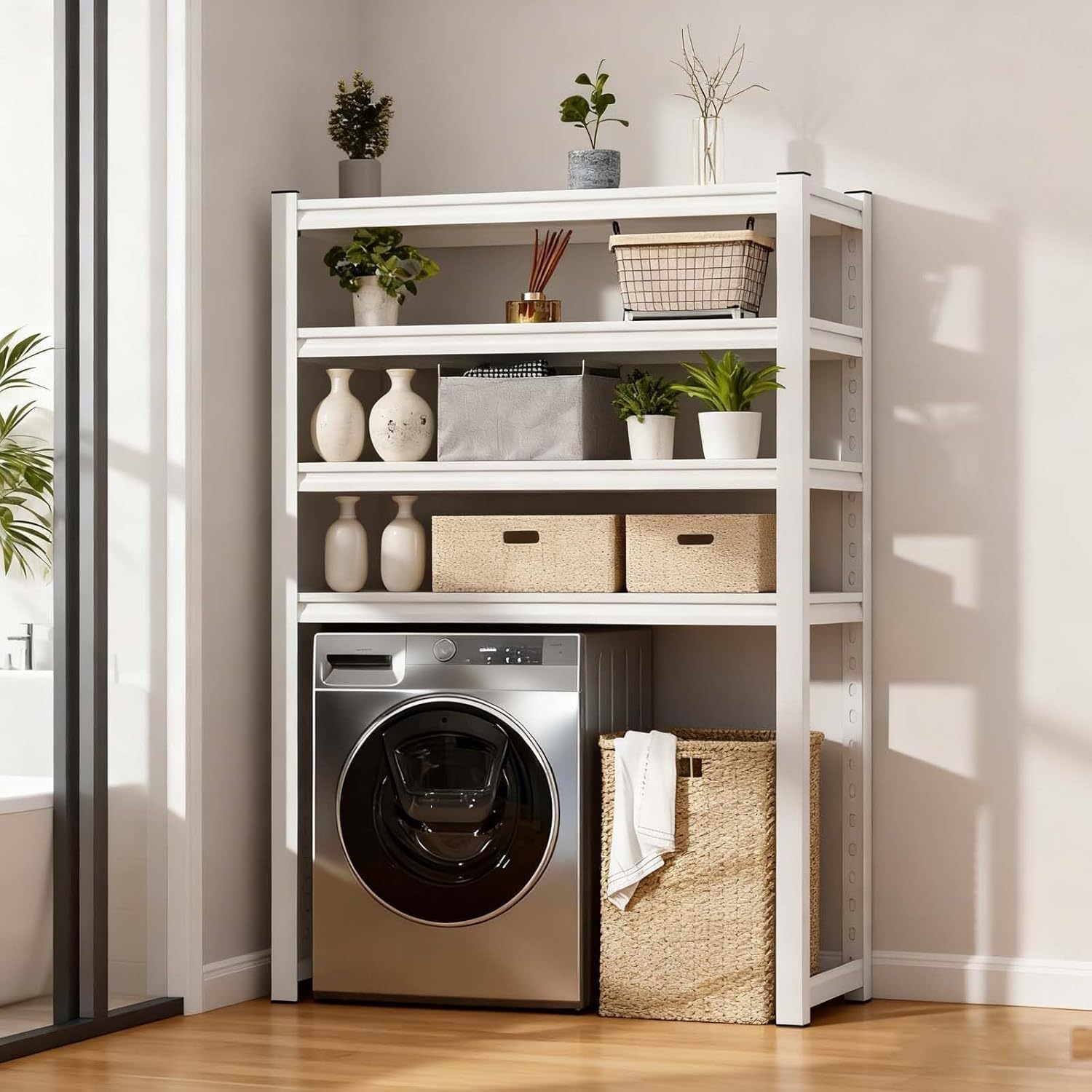 Adjustable Metal Storage Shelves - Heavy-Duty Shelving Unit for Laundry Room & Kitchen, No Drill Space-Saving Rack Over Washer & Dryer, Multi-Purpose Organizer (Fourth Floor, L80W40_183CM)