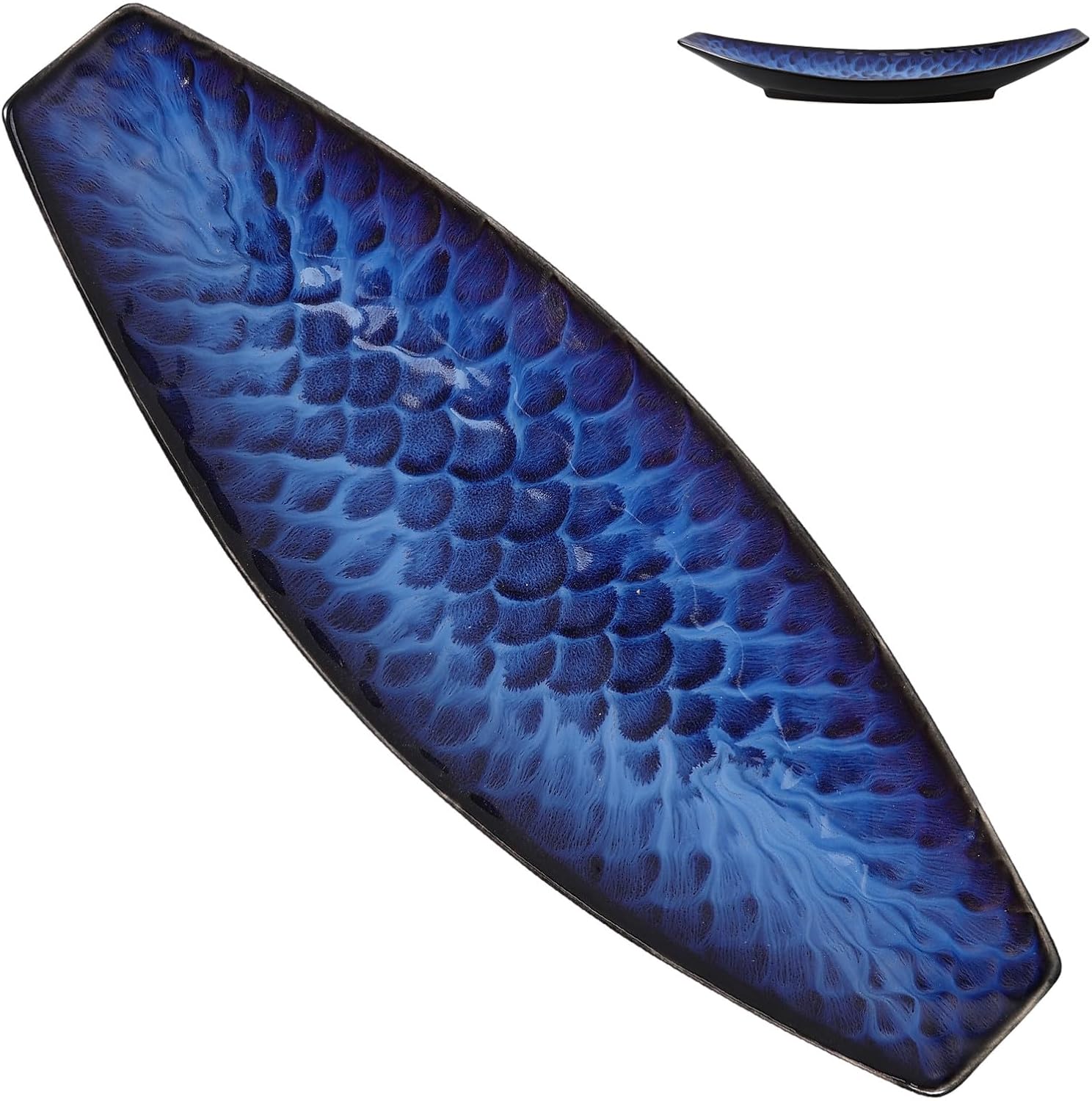 Japanese Ceramic Sushi Plate 14-inch Fish Scale Long Serving Dish Porcelain Sashimi Platter for Cold Dishes and Desserts Home Dining Tableware