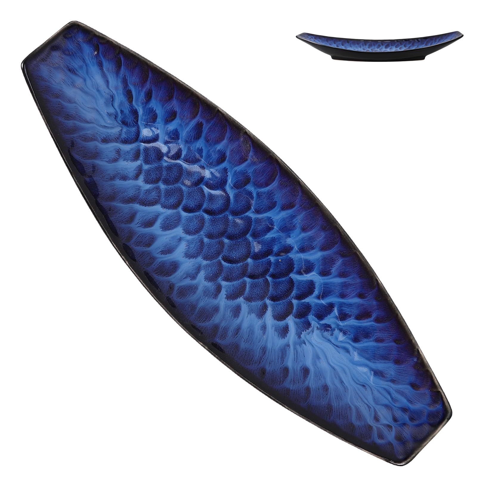 Assiette à Sashimi Facile à Nettoyer en Céramique Bleue, Forme Bateau Longue Plat de Service Élégant pour Restaurant Japonerie ou pour Plats Froids