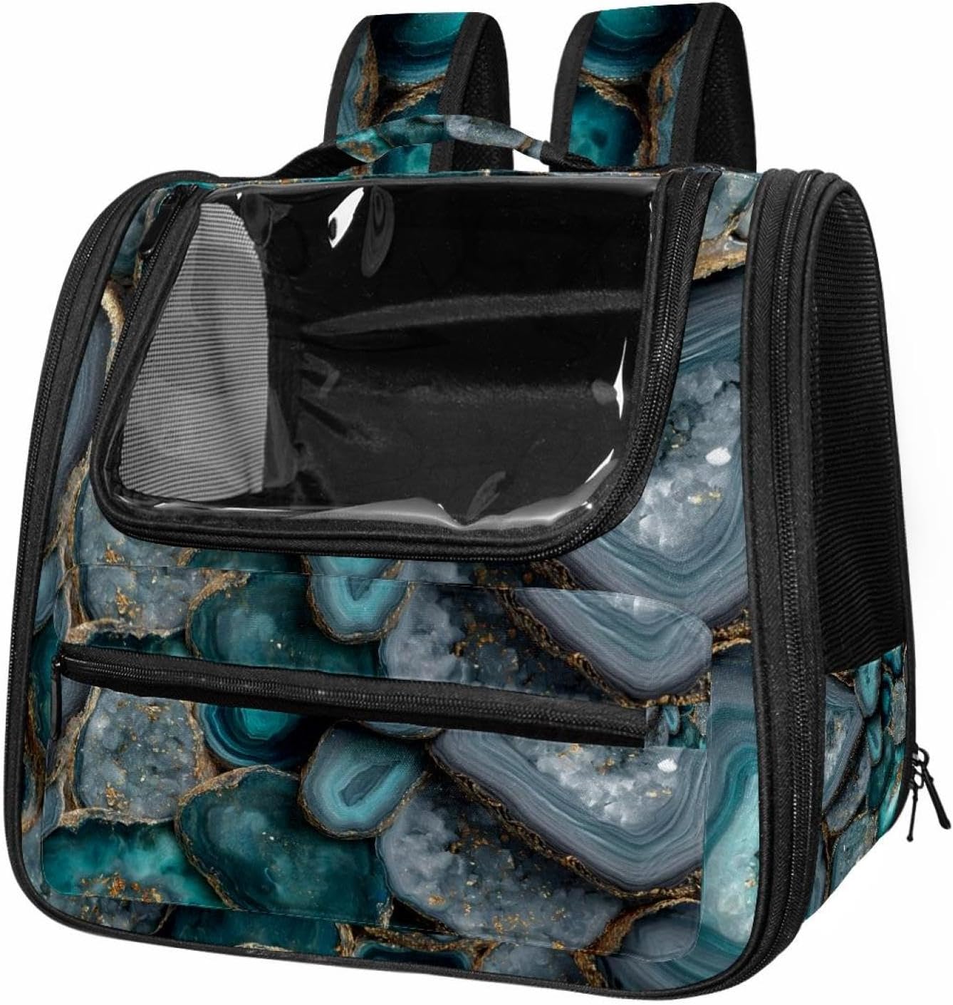 Portable Travel pet Backpack Carrier Hamster Bag Small Dog cat Carrier Breathable Hang Bag, Teal Agate Pattern (2)