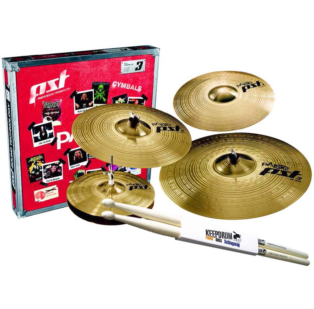 PAISTE PST 3 Set de 3 cymbales 14/16/20 + Crash PST3 14" + baguettes Keepdrum