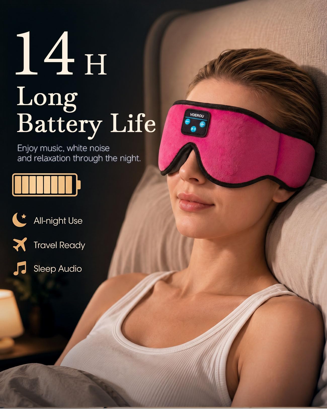 Voerou Cuffie Bluetooth per Dormire, Diadema 3D Regolabile, 12H | Vestibilità traspirante regolabile, 12h batteria, lavabile, ideale per dormire di lato