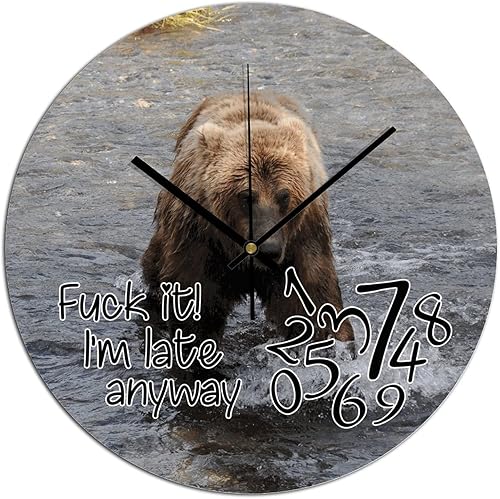 COCOKEN Fuck It I'm Late Anyway Wall Clock Bear in Water 10 Inch Large Wall Clocks Battery Operated Silent Farmhouse Wall Decor for Kitchen Living