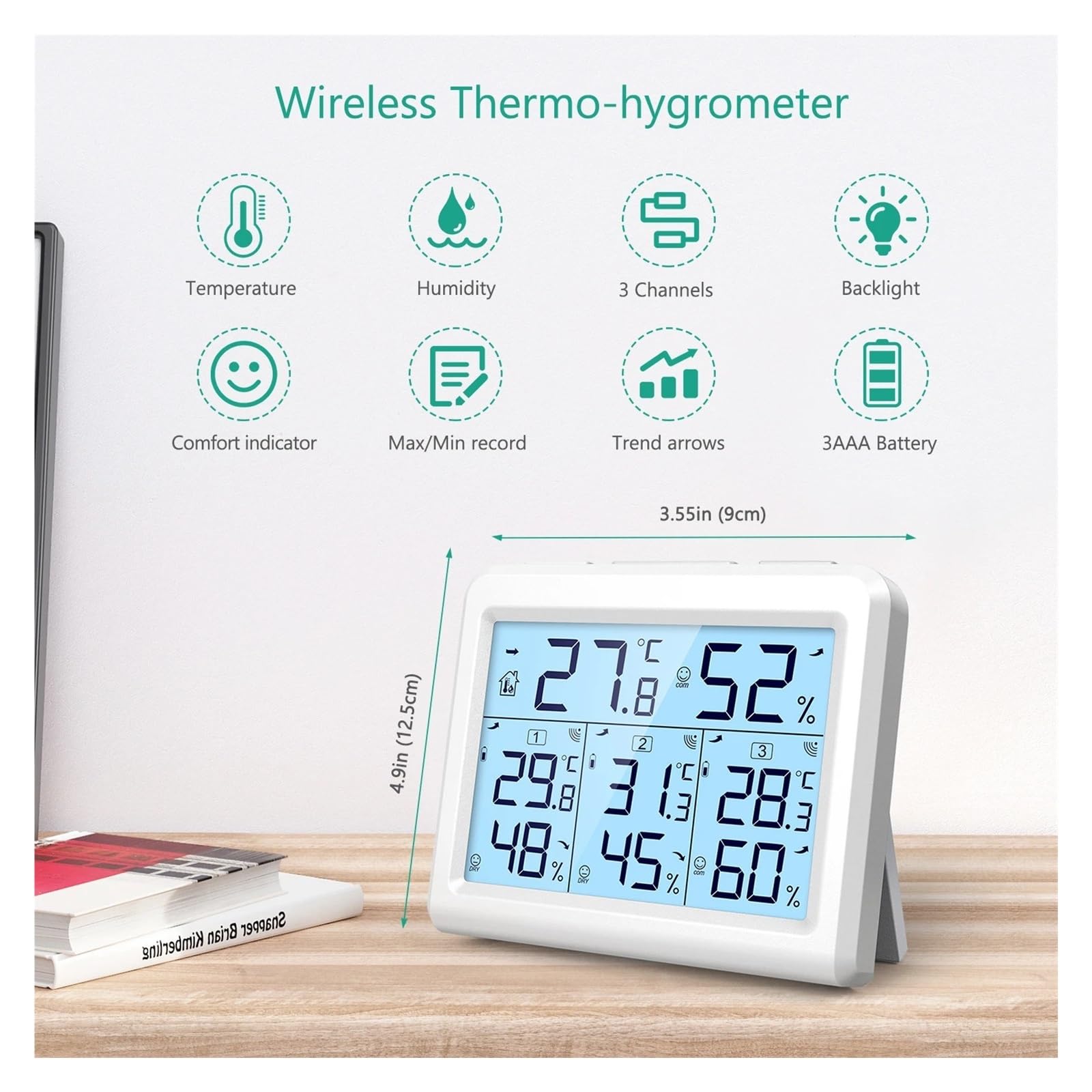 Termómetro Higrómetro Digital For Interiores Y Exteriores, Monitor Inalámbrico De Temperatura Humedad Con 3 Sensores Preciso Y FáCil De Leer