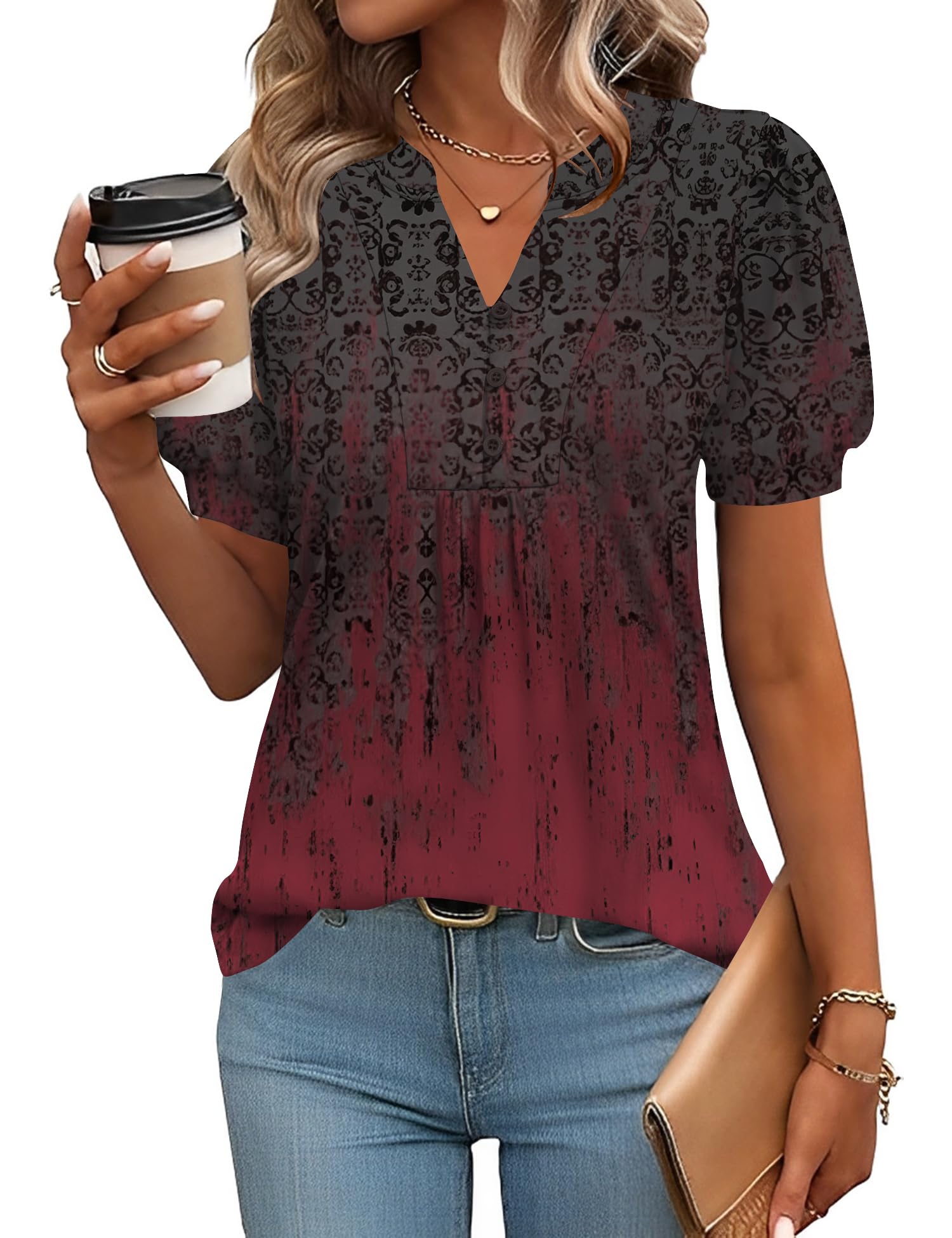 IECCP Womens Tops Puff Short Sleeve Shirts Dressy Casual Henley V-Neck Summer Tops Pleated T-Shirts Loose Fit Tunic Blouses