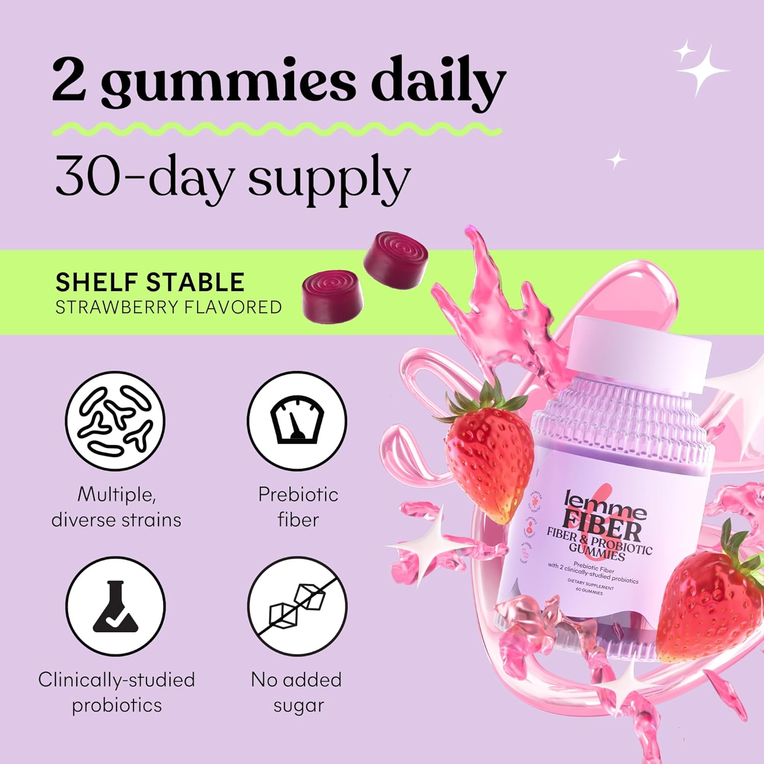 Lemme Fiber & Probiotic Gummies for Adults, Promotes Regularity & Digestive Health, No Sugar Added Strawberry Flavor, 4g Prebiotic Fiber & Clinically Studied Probiotic Strains, (60 Count)