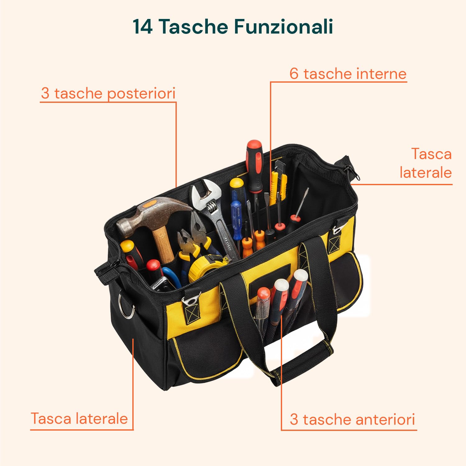 Daimann - Borsa Porta Attrezzi Multitasche in Tessuto Oxford Impermeabile con Base Rigida, Manico Confortevole per Uso Professionale e Fai-da-te