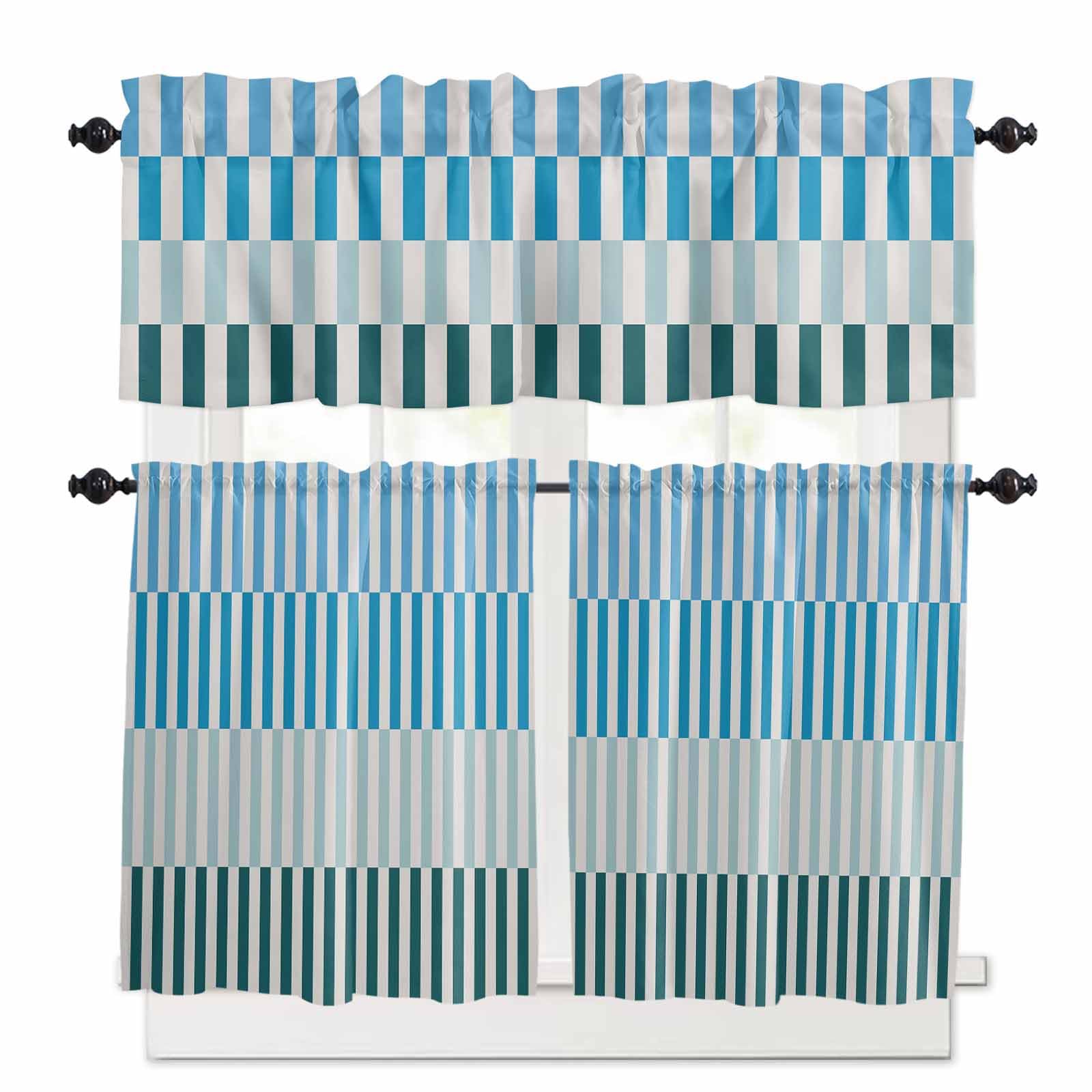 Colorful Stripe Kitchen Curtains 36 Inch Length,3 Piece Rod Pocket Small Half Tiers and Valance Set,Modern Teal Blue Green Vertical Striped Small Large Window Treatment Decor for Bedroom/Bathroom
