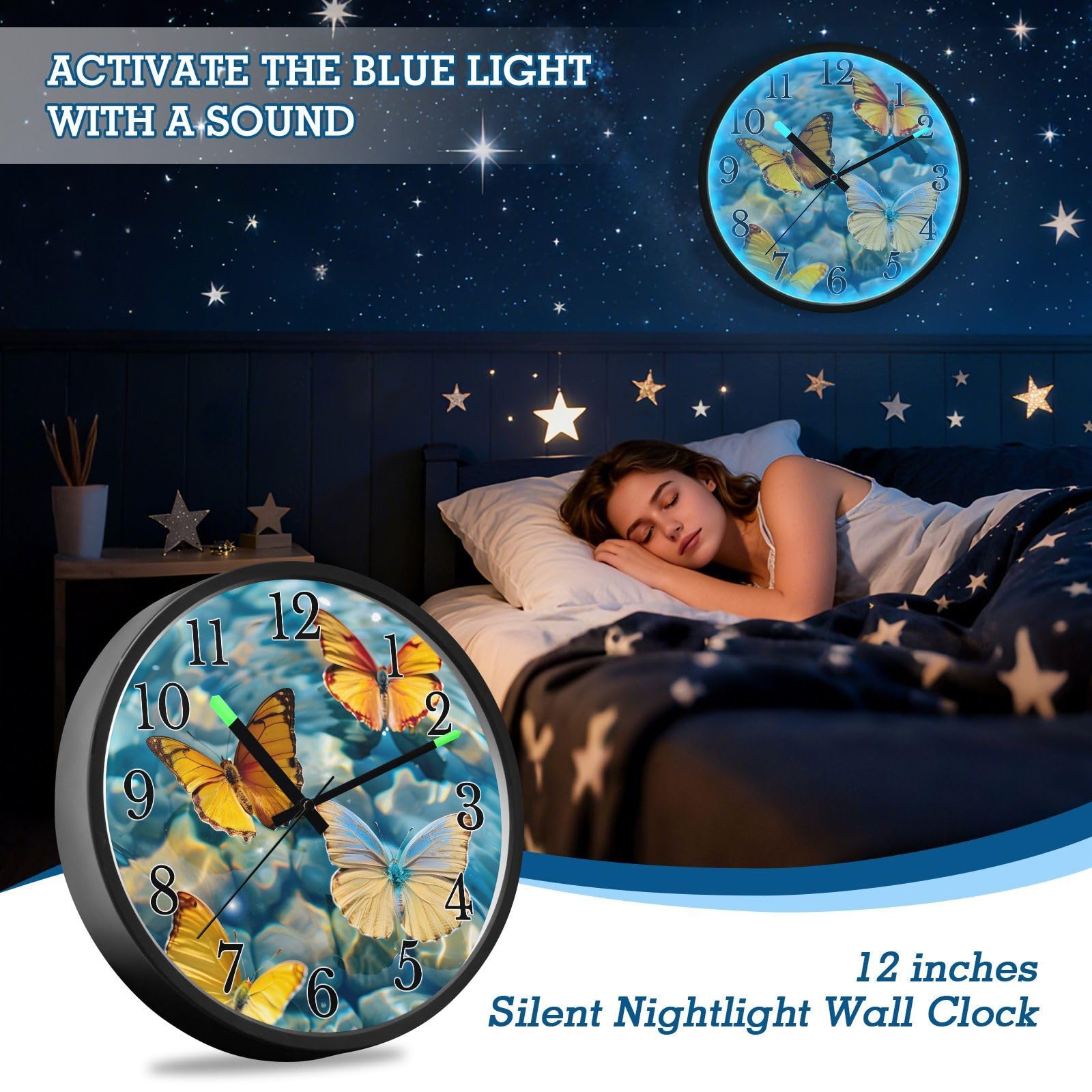 Mnsruu Reloj de pared luminoso con mariposas tropicales, color naranja, funciona con pilas, silencioso, brilla en la oscuridad, para sala de estar, cocina, 12 pulgadas