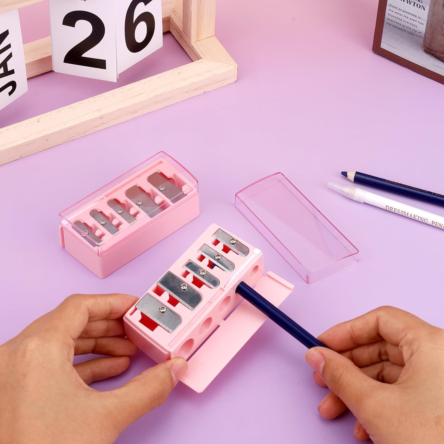 2pcs Eyeliner Pencil Sharpeners with Cleaning Picks, Durable Manual 5 Hole Makeup Eyeliner Cosmetic Pencil Sharpener Tool with Plastic Lid for Lip Eye Liner Highlighter and Eyebrow Pen (Pink)