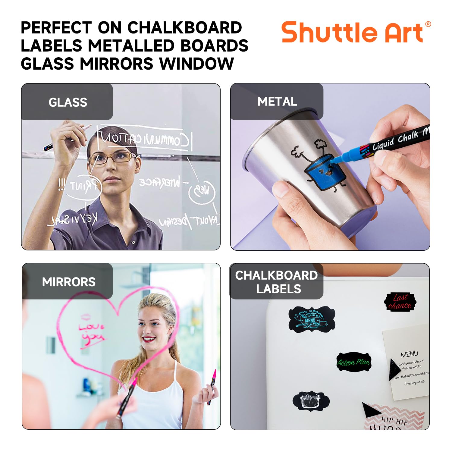 Shuttle Art Kreidemarker, 15 lebendige Farben, Flüssigkreide-Marker für Kreidetafeln, Fenster, Glas, Autos, wasserbasiert, radierbar, wendbar, 3 mm feine Spitze, für Büro und Zuhause