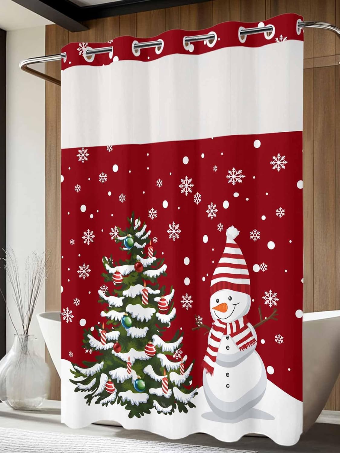 Winter No Hook Shower Curtain with Snap in Liner,Snowy Christmas Tree Snowflake and Snowman Waterproof Bath Curtain with See Through Top Window,Red Back Shower Curtains for Bathroom Decor,72x84in