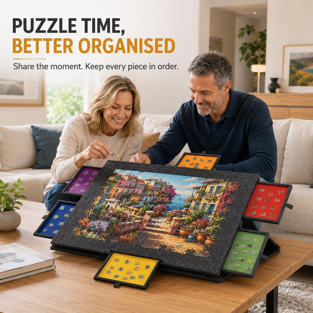 Deska do puzzli, 1000 elementów, składana, z 6 kolorowymi szufladami, nachylony stół puzzli ze stojakiem i pokrywą, filcowa płyta puzzli, 77 x 52 cm, lekkie akcesoria do domu i w czasie wolnym