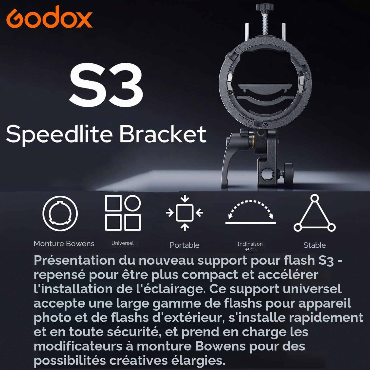Godox S3 Support Flash (𝐒𝟐 𝐔𝐩𝐠𝐫𝐚𝐝𝐞), avec Baïonnette Bowens et Sabot Froid pour Godox AD200Pro, AD300Pro, AD400Pro, AD100Pro, V1, V860III, TT600, TT350. Support Flash pour Softbox et Snoot.