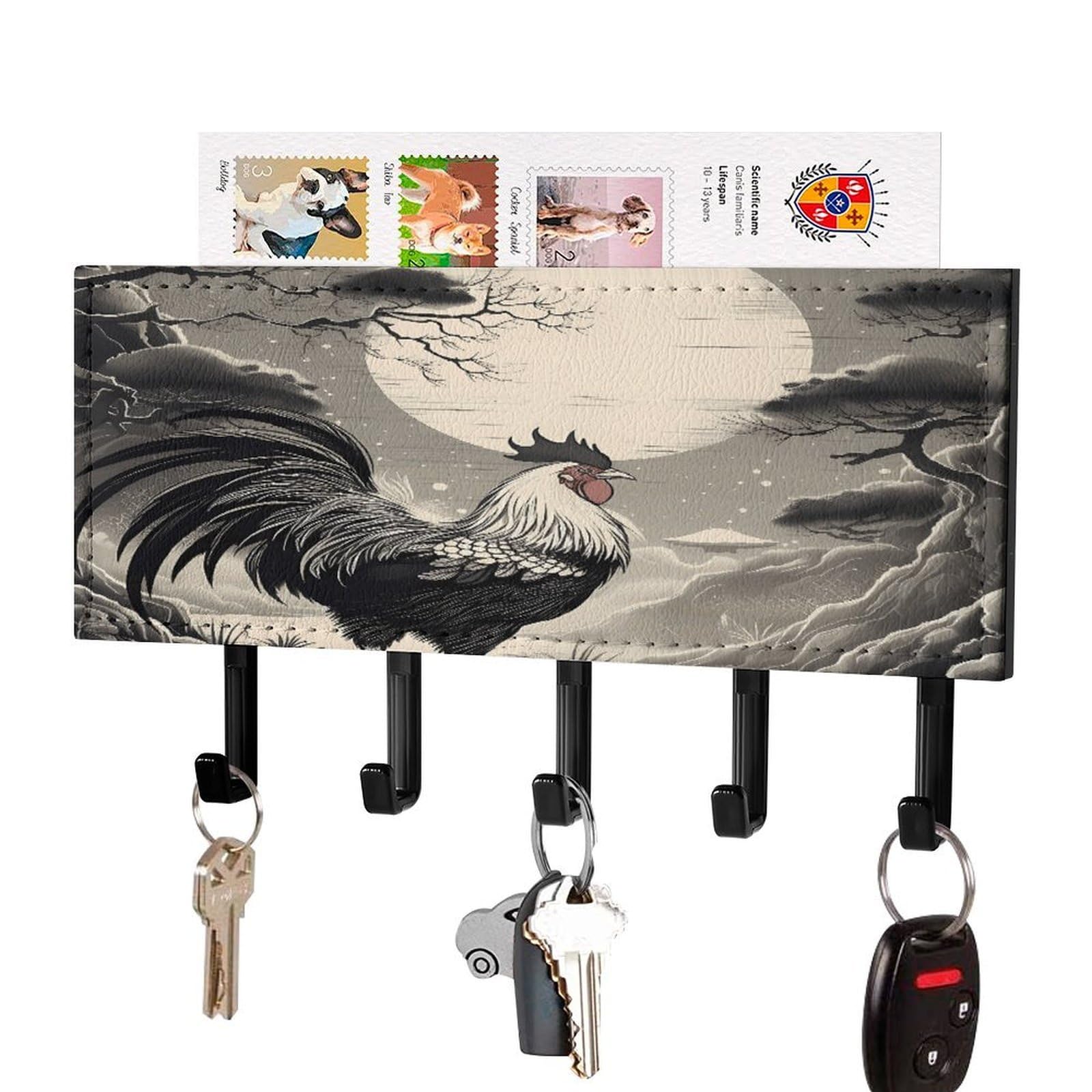 Fekiloot Black-Style Chicken On The Mountain Key Holder Wall Mount Key Hanger With 5 Hooks Decorative Key Rack Hanging Key Hooks With Mail Organizer Key Holder For Wall Living Room Kitchen Bathroom Hallway Black