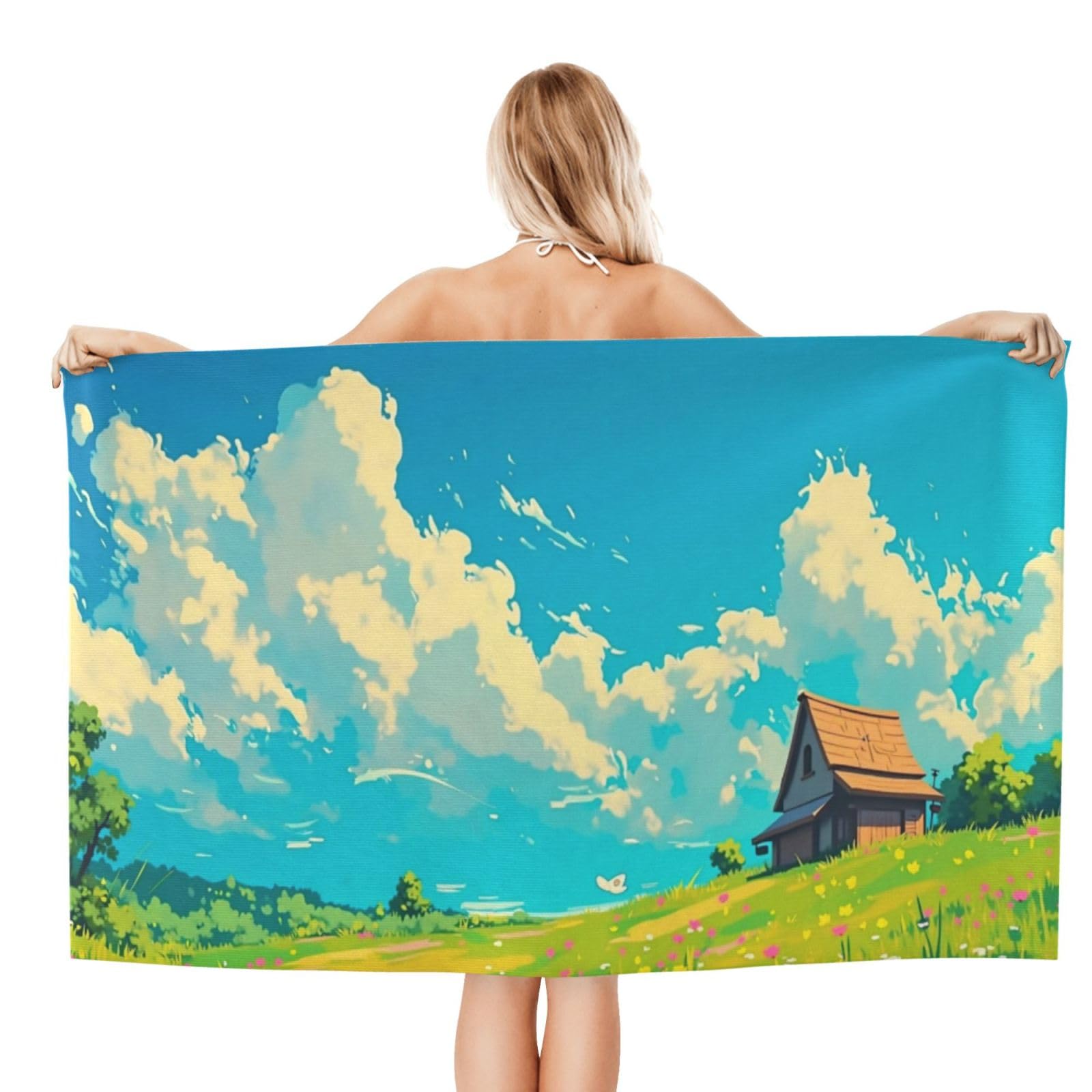 Anceky Beach Towel for Women, Rustic Cottage Landscape Sand-Free Microfiber Ultra Soft Lightweight Bath Towels for Outdoor Bathroom Swimming 32"X52"