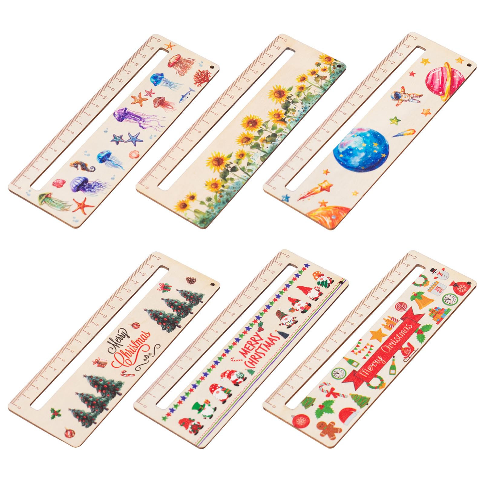 6Pcs Wood Ruler Reading Ruler Christmas Sea Creature Classroom Learning for Kid Student Reading Drawing Measurement Learning