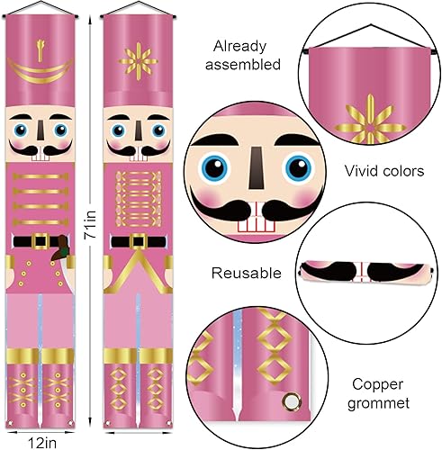 Miniatura 4 de Nepnuser Cartel rosa de cascanueces para porche, decoraciones de Navidad rosadas, suministros de fiesta de invierno para puerta delantera, letrero