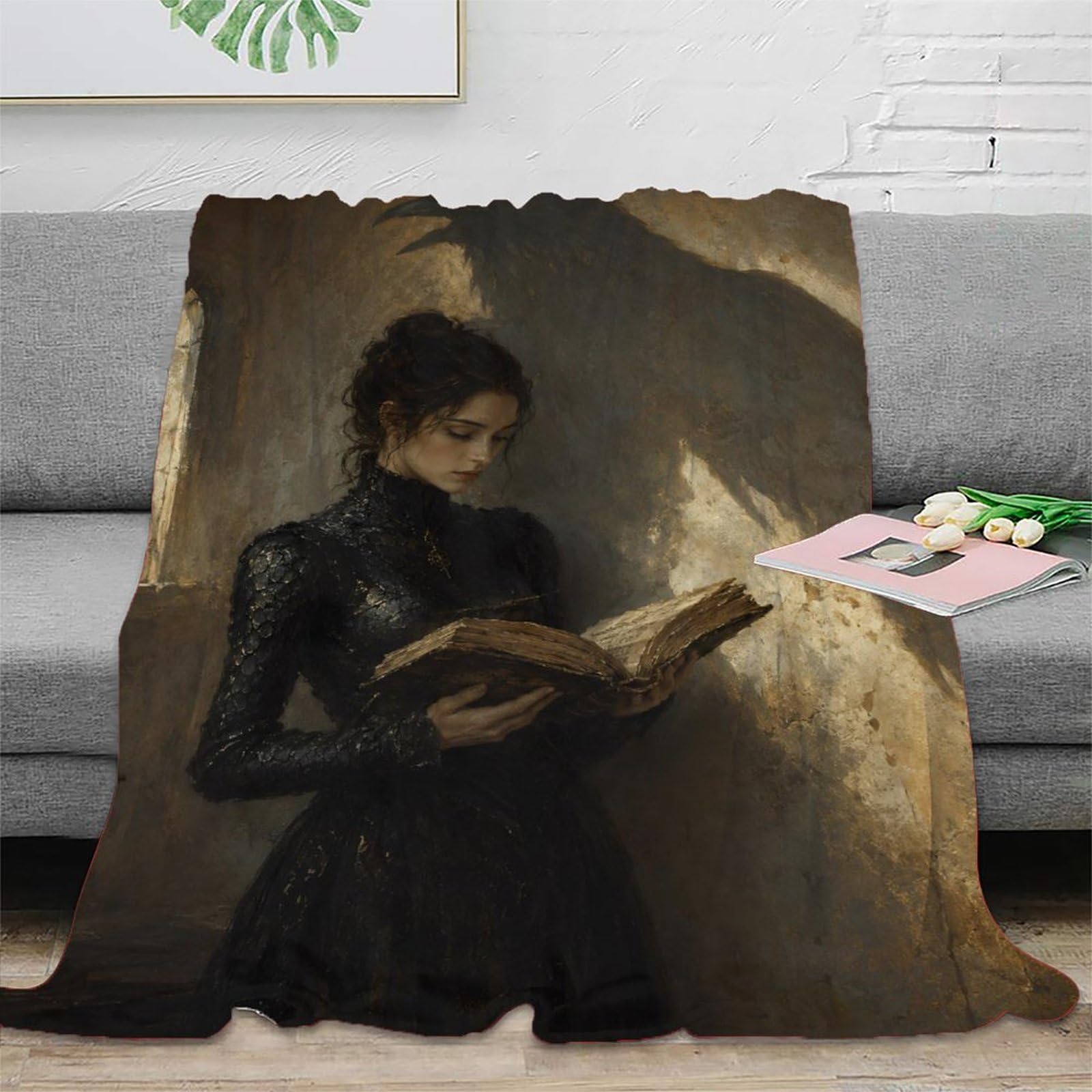 W7C8U2X3 Woman Reading Raven Shadow Throw Blanket, Flannel, Reading