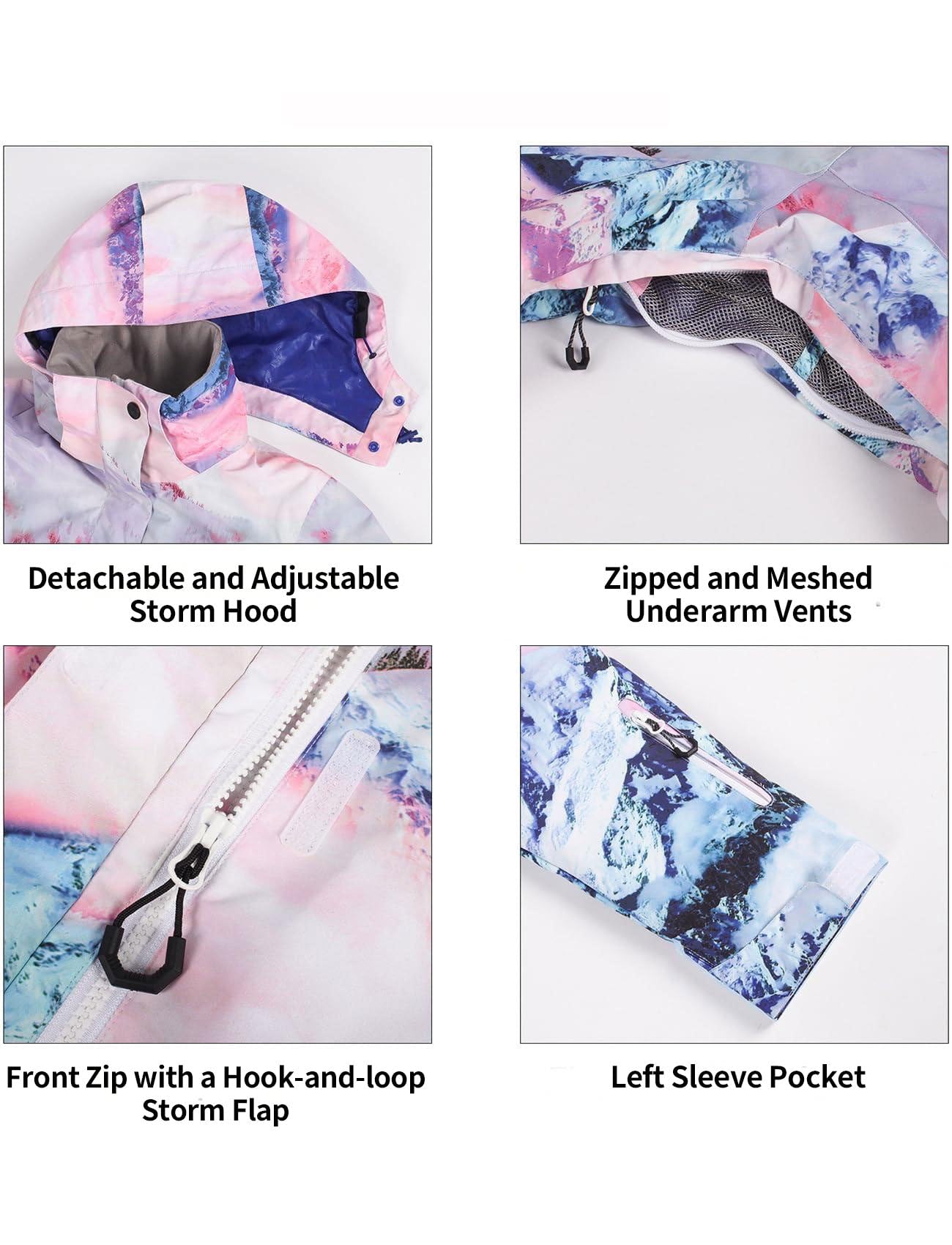 GSOU SNOW Giacca e Pantaloni da Sci da Donna, Tuta da Sci 2 Pezzi, con Cappucco Impermeabile Antivento Traspirante Caldo Isolante