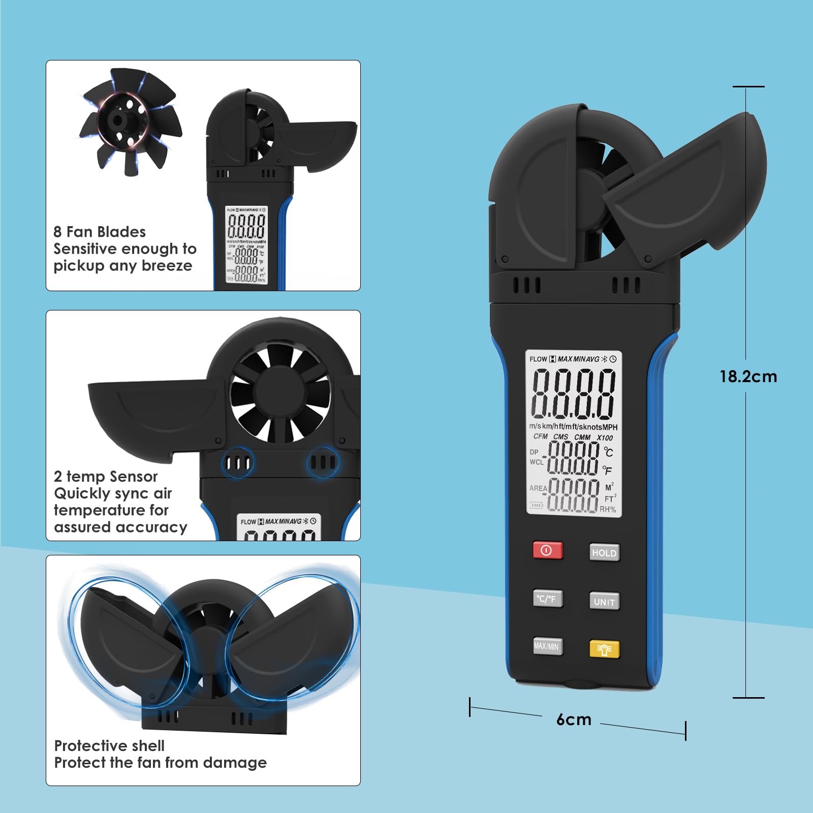 Proster Anemometro Digitale Misuratore Velocità Flusso del Vento LCD Retroilluminato Tester