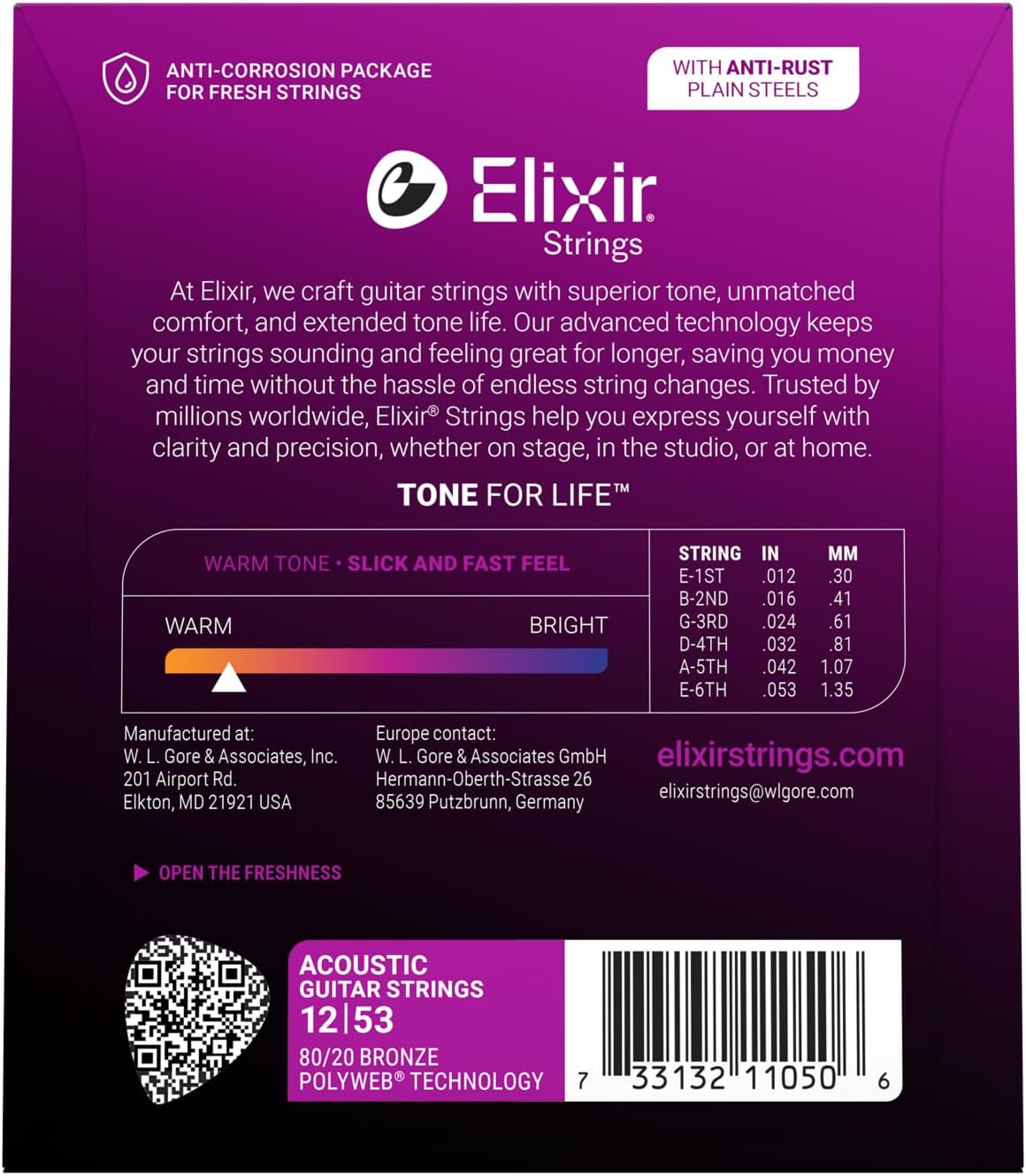 Elixir, Acoustic Guitar Strings, 80/20 Bronze, POLYWEB, 6-String, 12-53