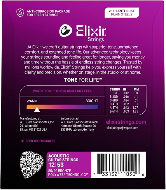 Elixir® Saiten 80/20 Bronze Acoustic-Gitarrensaiten mit POLYWEB® Beschichtung, Light (.012-.053)