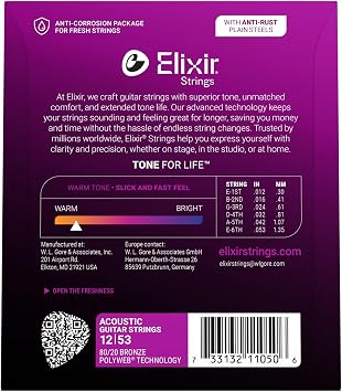 Elixir® Saiten 80/20 Bronze Acoustic-Gitarrensaiten mit POLYWEB® Beschichtung, Light (.012-.053)