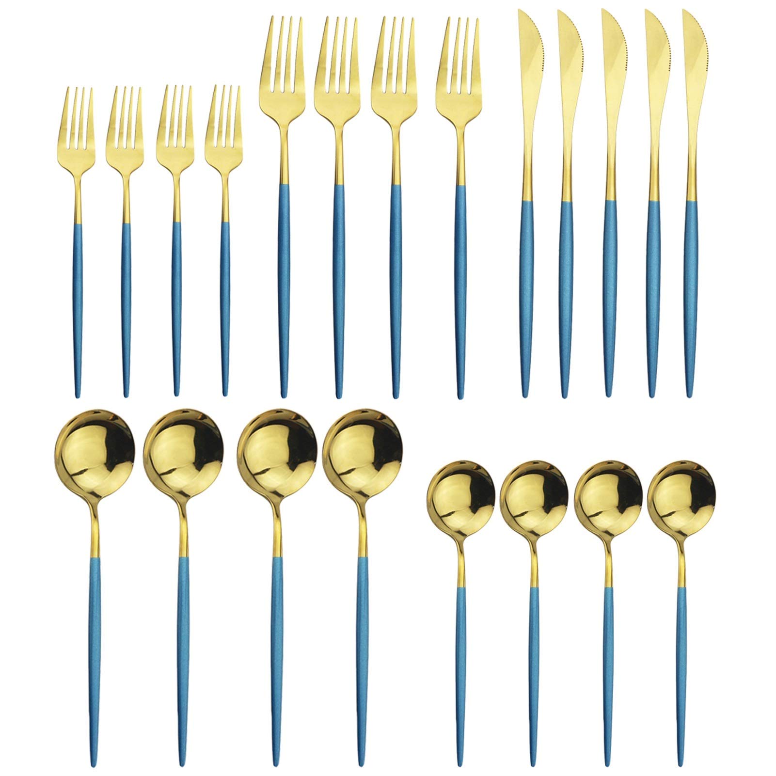 Western 20pcs Dinary Shiny Dinkware 18/10 En acier inoxydable Couverts de couverts en acier inoxydable Ensemble de cadeaux mignons Vaisselle (Color : Blue Gold 20pcs)