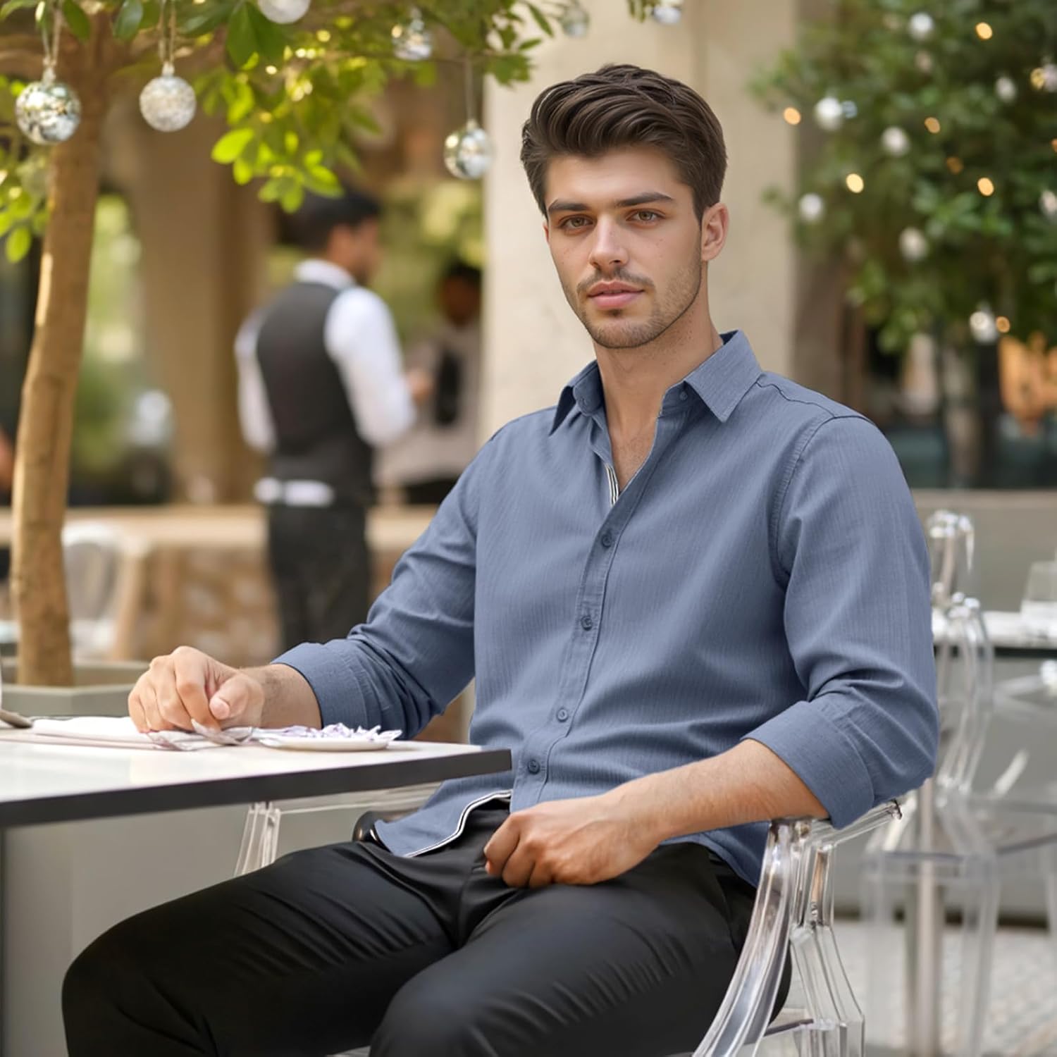 Men’s Casual Untucked Button Down Shirt Long Sleeve Stylish Business Casual Dress Shirts - Image 4