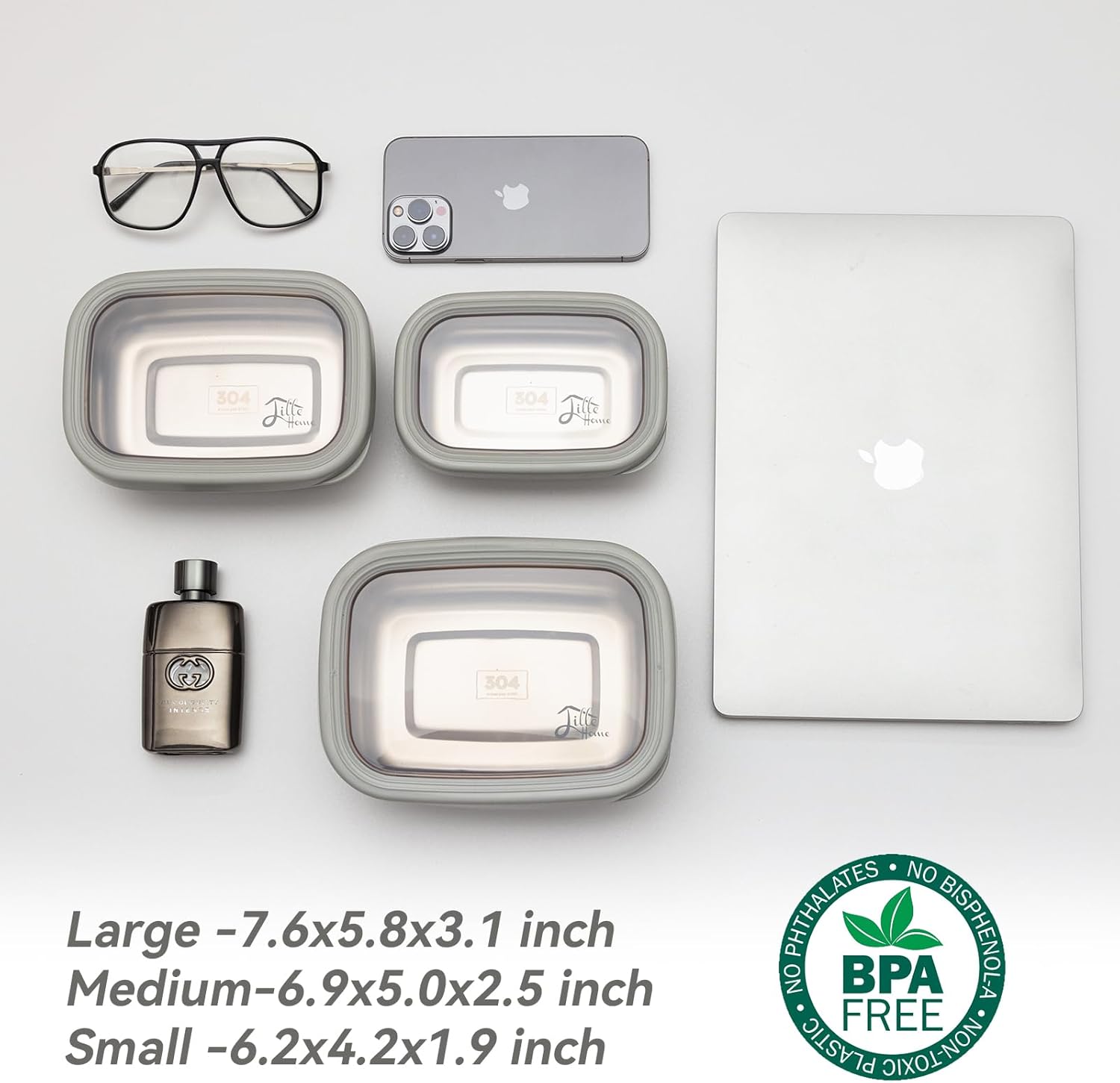 Lille Home Leakproof Stainless Steel Food Container Set, 3-Piece Nesting Bento Boxes with Silicone Lids – Square 47oz + 30oz + 16oz/Round 41oz + 25oz + 14oz