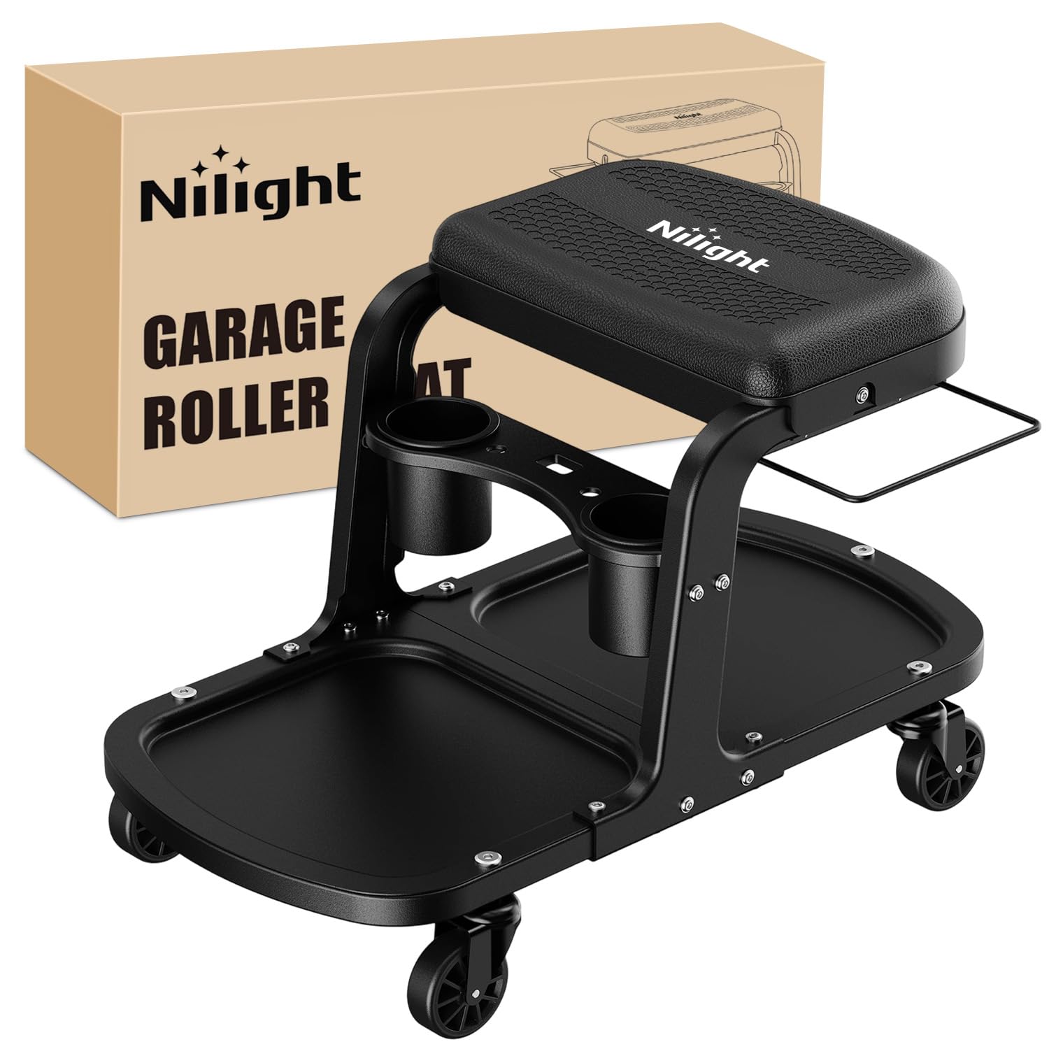 Nilight Rolling Mechanic Stool 400LBS Black with Tool Tray Cup Holder
