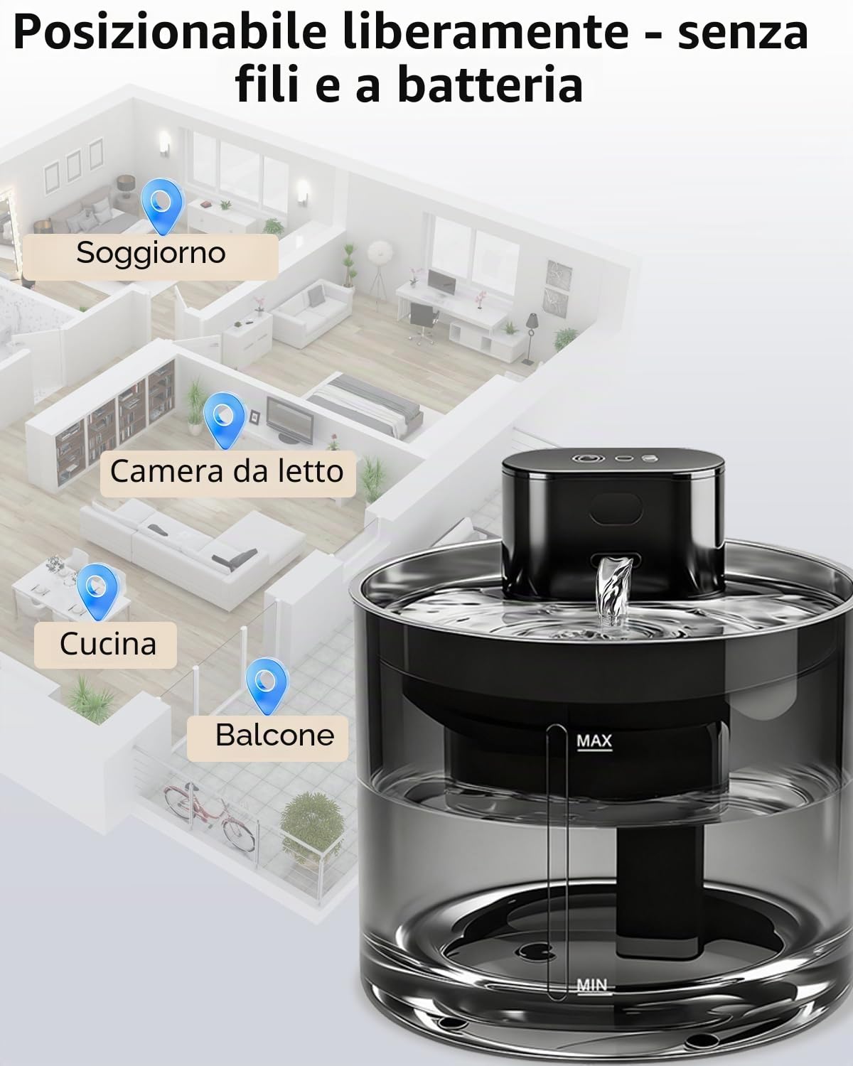 Fontana per Gatti senza Fili, 3.5L Fontanella per Gatti con Sensore di Movimento, con Pompa d'acqua Silenziosa, Alimentata da Batteria da 5000mAh, Fontana Gatto con Vassoio in Acciaio Inox