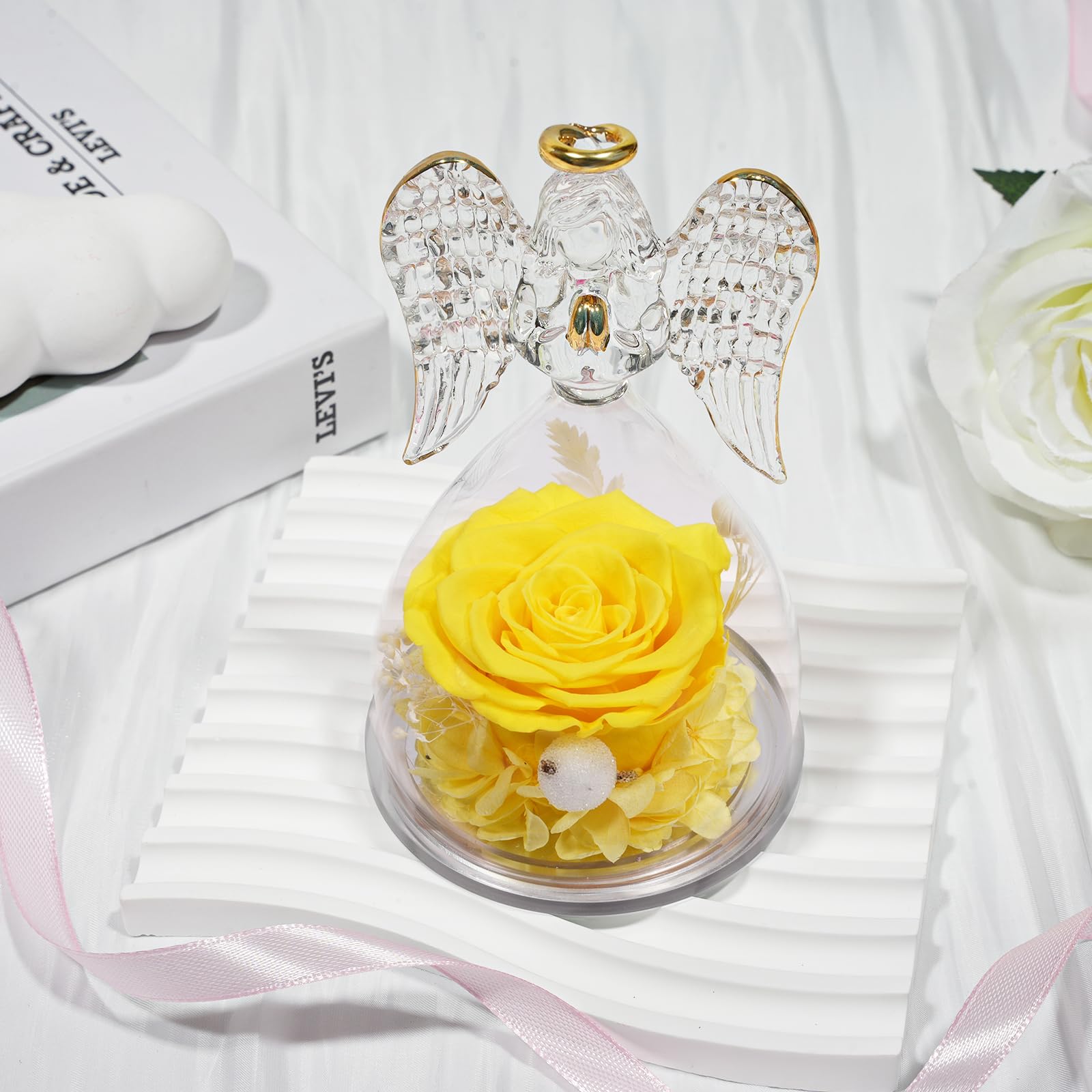 Sunia Rosa Eterna Regalos Originales para Mujer, Flores Preservadas Regalo Madre, Flore Eterna con Figura Ángel Regalo Cumpleaños Mujer Mama Abuela, Regalos Navidad San Valentin Dia de la Madre