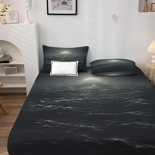 Miniatura 2 de Juego de sábanas de mar tamaño Queen, diseño de océano de luna, sábanas y fundas de almohada de 4 piezas, sábana bajera ajustable de microfibra