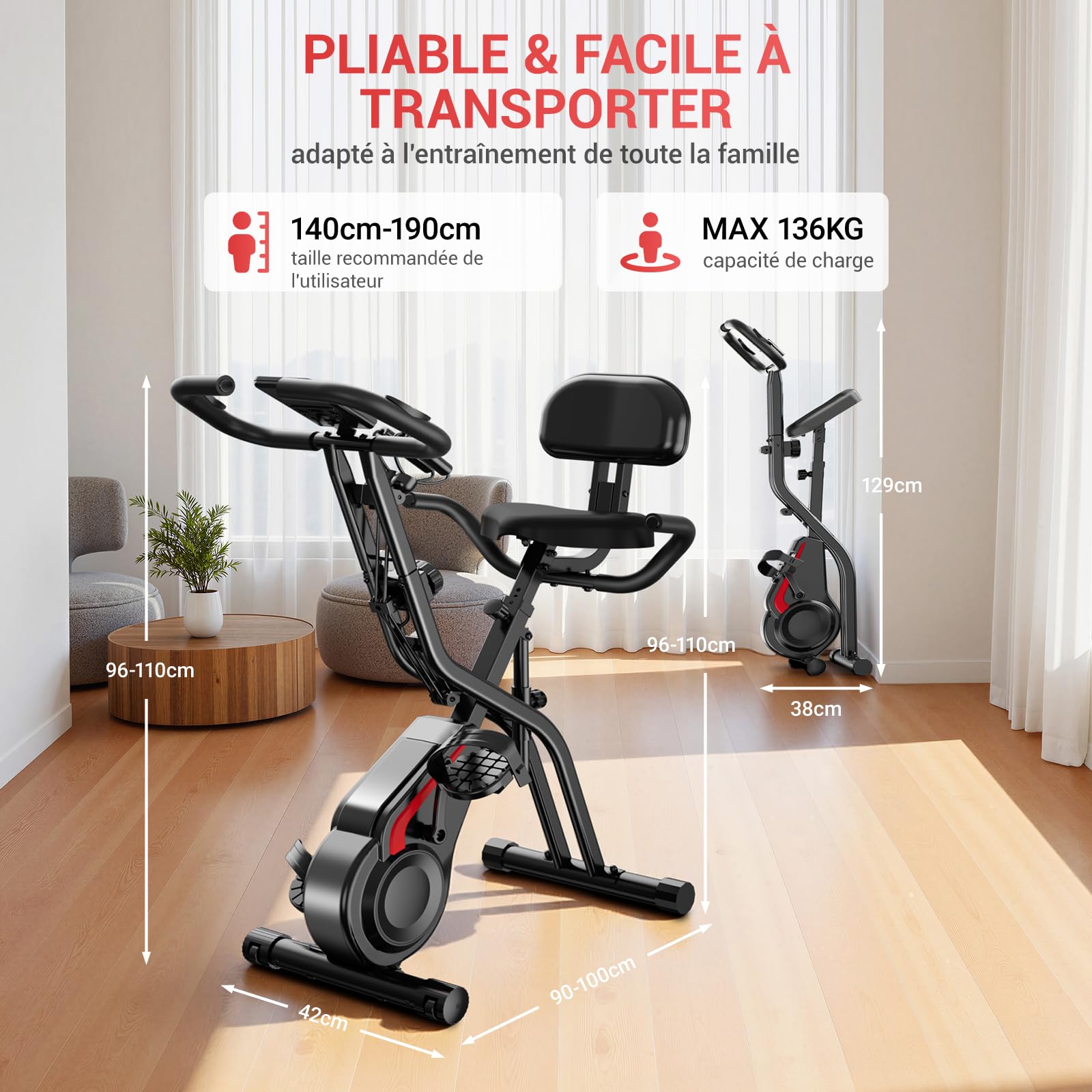 CURSOR velo d appartement pliable, 5-en-1 velo appartement pliable, équipé d'une résistance silencieuse à 16 niveaux. vélos d'appartement avec surveillance de la fréquence cardiaque et écran LED