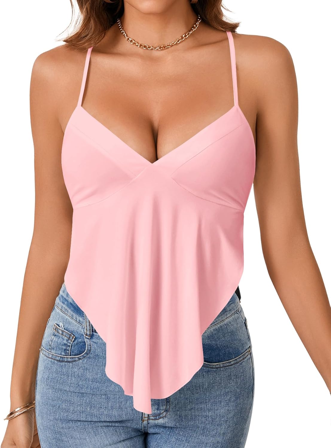 Rooscier Women's Deep V Neck Backless Cami Adjustable Strap Sleeveless Tank Top