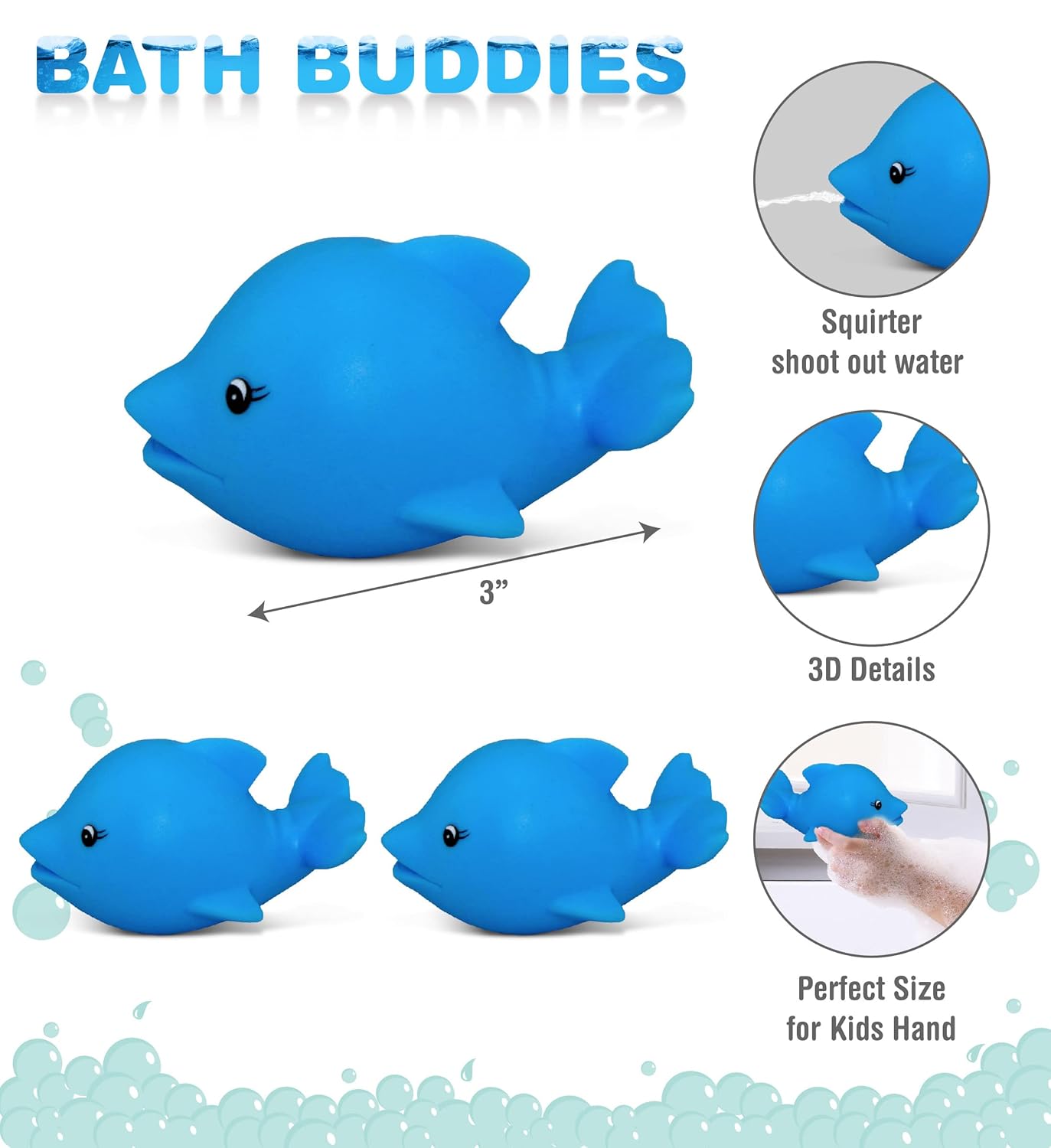 DolliBu Dolphin Bath Buddy Squirter - Floating Blue Dolphin Rubber Bath Toy, Fun Water Squirting Bathtime Play for Toddlers, Cute & Soft Sea Life Animal Toy for The Bathtub, Beach and Pool for Kids