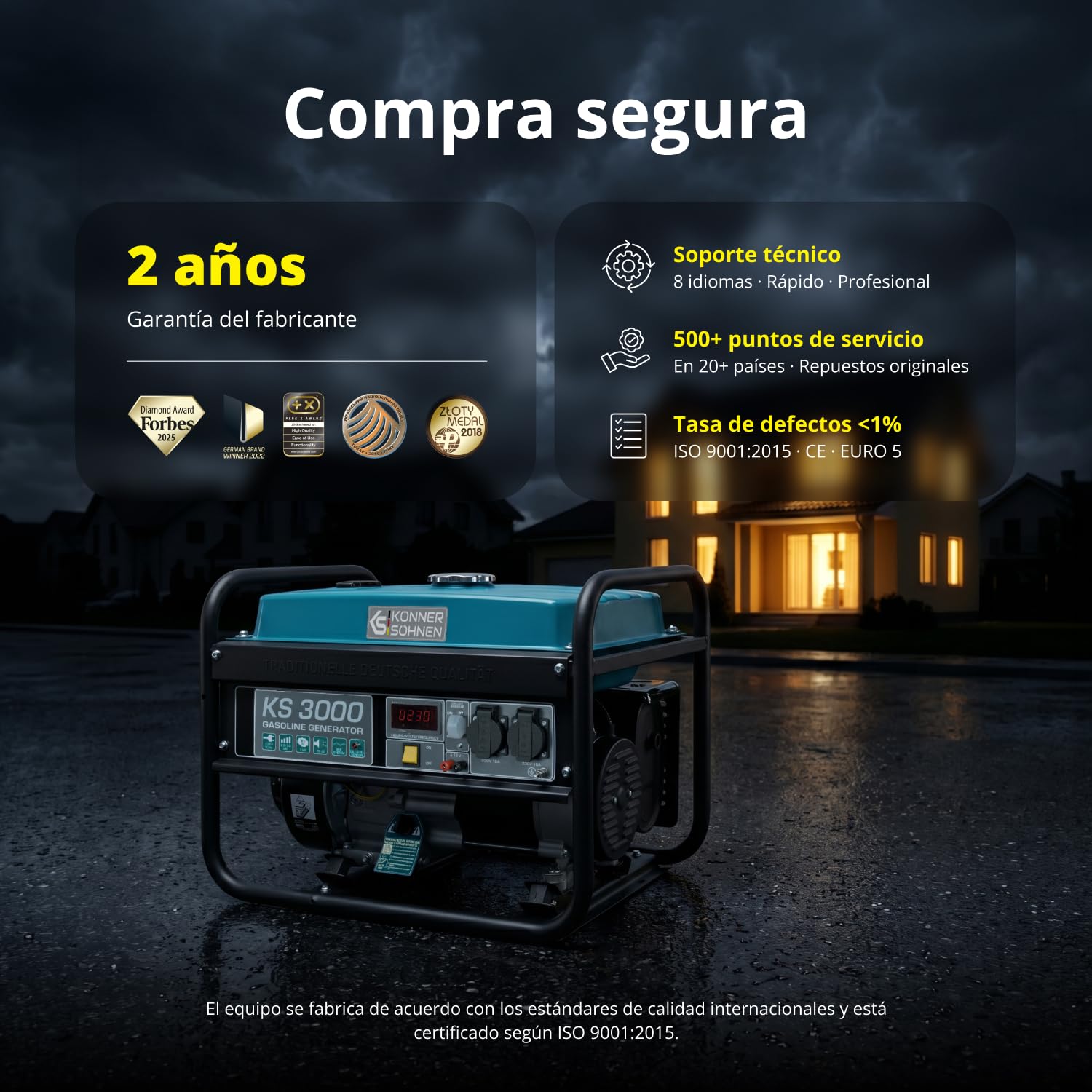 Könner & Söhner Generador de gasolina KS 3000, grupo electrogeno 3000W, 2x16 A (230 V),12 V, generador electrico con (AVR), indicador aceite, protección ante sobrecarga, pantalla