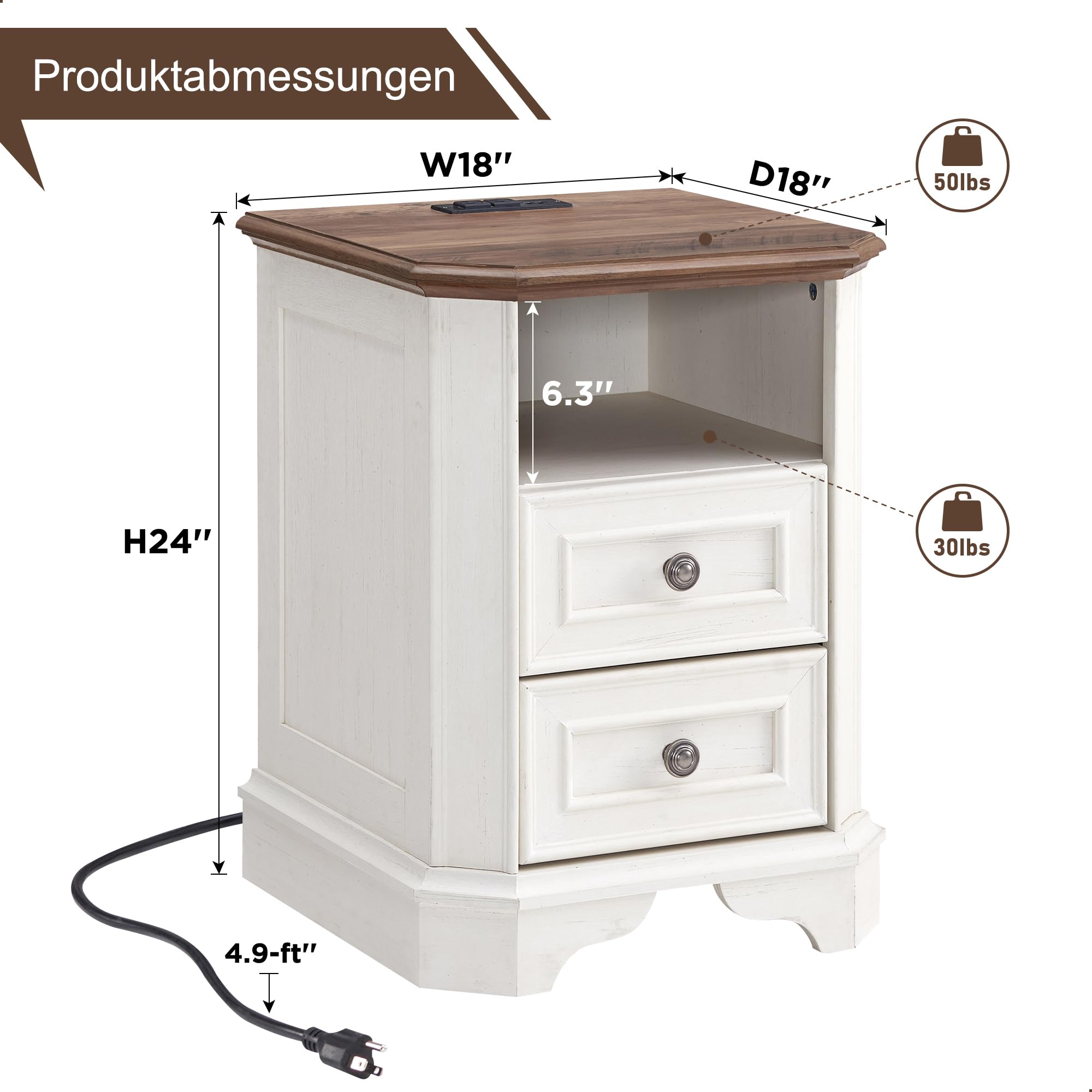 Landhausstil Nachttisch mit Ladestation, 45 cm Beistelltisch mit 2 Schubladen, Holztisch, Bettkombination für Schlafzimmer, Wohnzimmer (Antik Weiß)