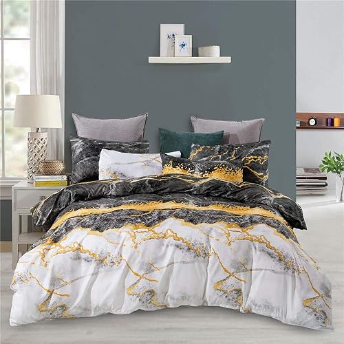 Miniatura 2 de Fan Juego de funda de edredón tamaño Queen con patrón de mármol reversible, color negro, blanco y dorado, funda de edredón de microfibra con cierre