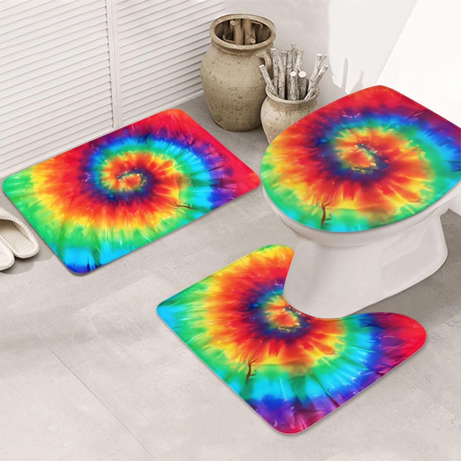 Tapis de salle de bain arc-en-ciel en lot de 3 avec contour WC pour un sol doux