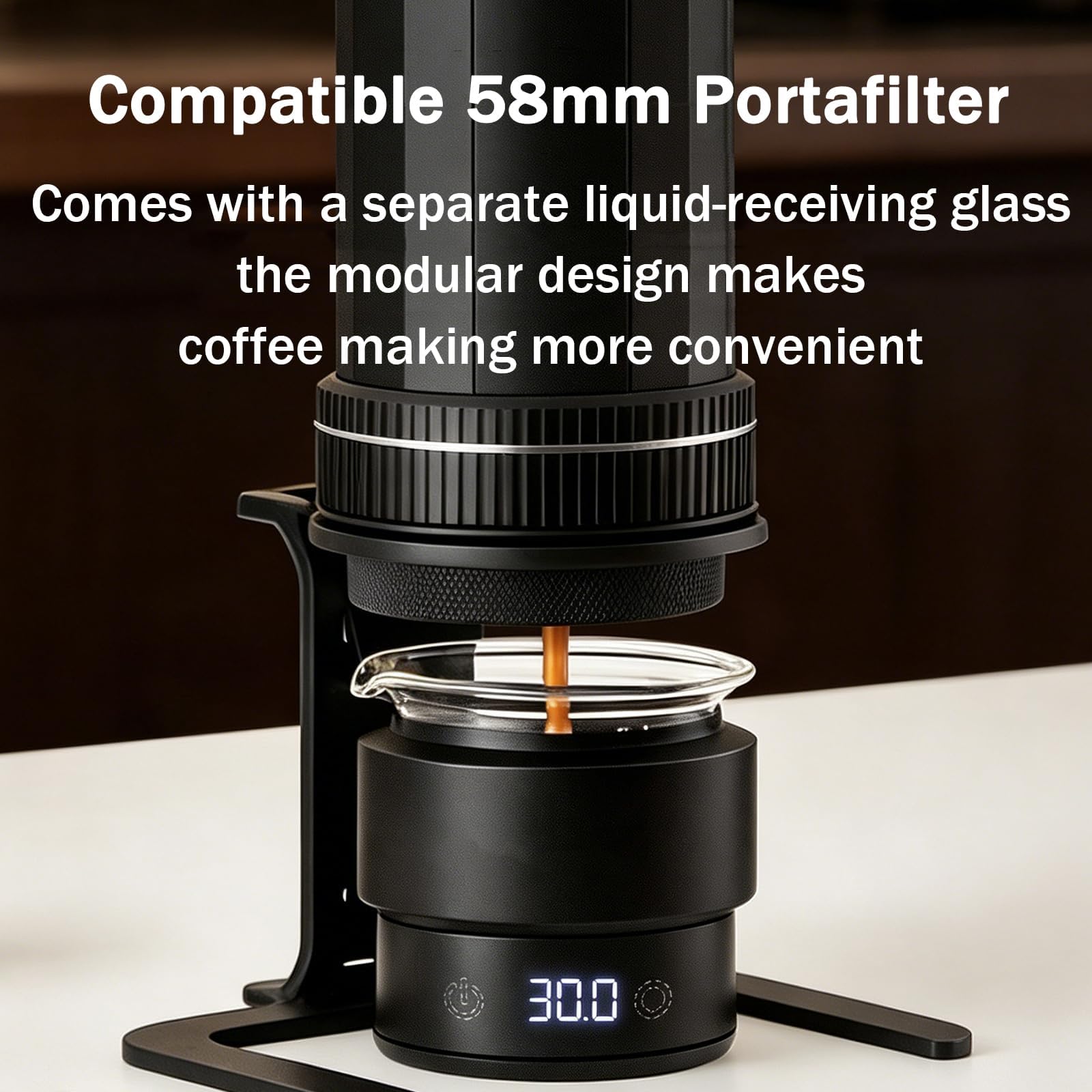 Taza dosificadora de café con báscula, herramienta de medición de espresso de 58 mm, con vidrio graduado de 60 ml, 0,1 g de alta precisión, rango de medición de 0,5 g-500 g, pantalla táctil LED, para