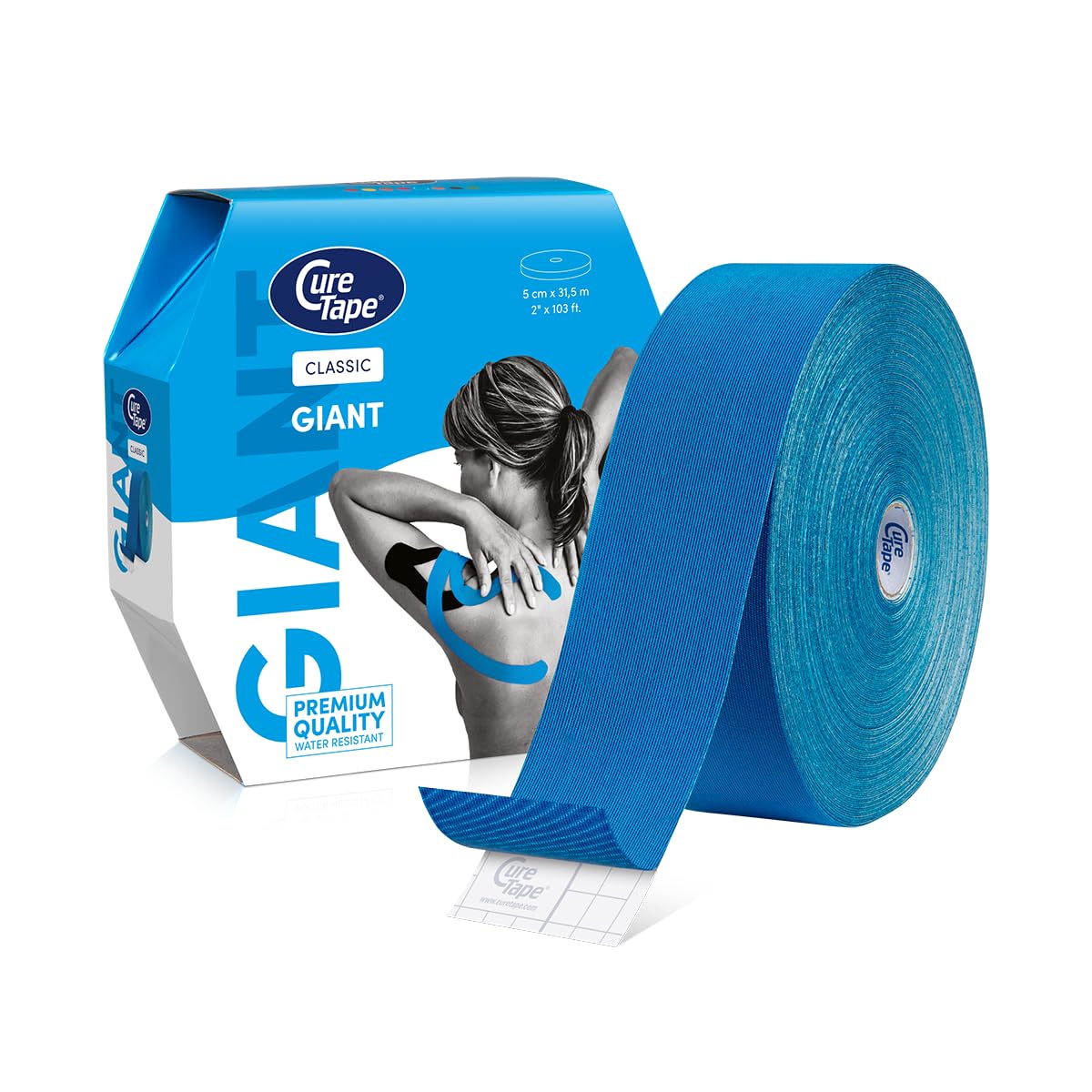 CureTape Classic Giant: Rollo Extra Grande de Cinta Kinesiológica | 5cm x 31.5m | Cinta Hipoalergénica| Vendaje para Alivio del Dolor, Soporte Muscular y Articular | Gran Adhesión | Azul