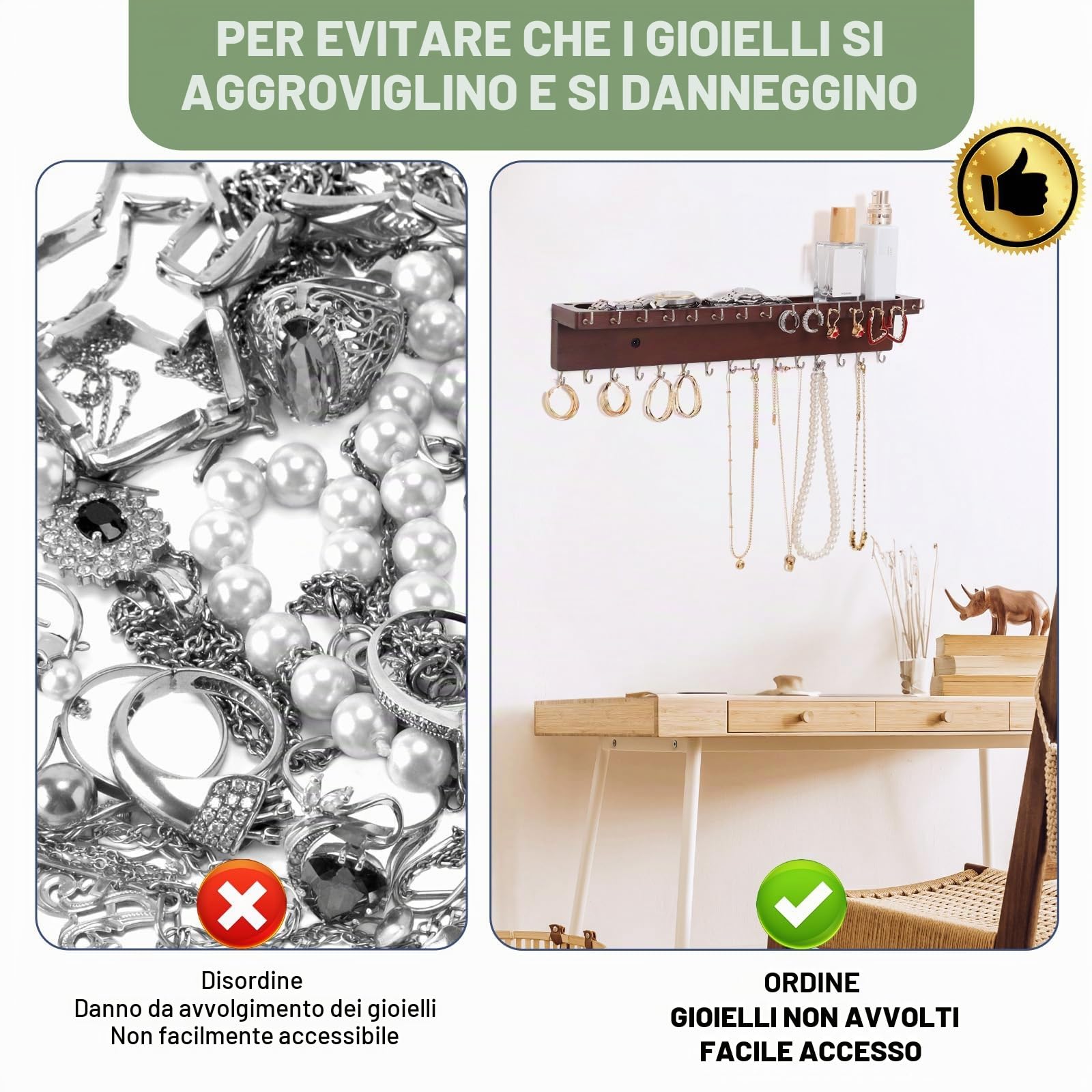 Organizer per collana da parete con 30 ganci, in rovere e contenitore per collane, bracciali e anelli (noce)