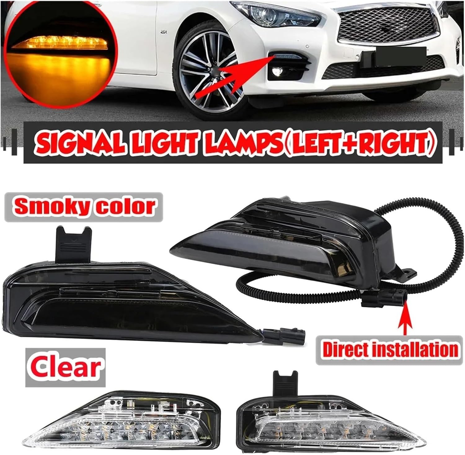 Pair LED Car DRL Turn Signal Light Front Bumper Fog Lamp Day Runnig Fog Light Compatible with Infiniti Q50 Q50S All 2014-2024 261304GA0A(Clear Color)