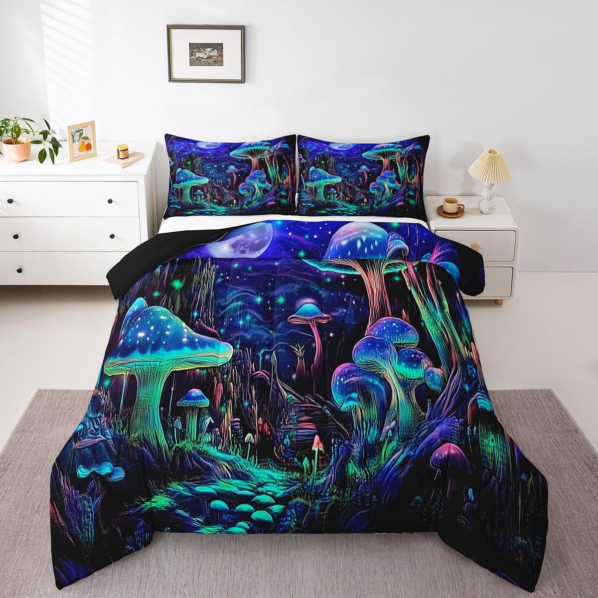 Erosebridal Mushroom Comforter Set Twin Size,Eucalyptus Green Leaf Bedding Set for Kids Girls Boys,Plant Botanical Quilt Bed Set Butterfly Rustic Country Bed Comforter Sets 2Pcs Room Decor