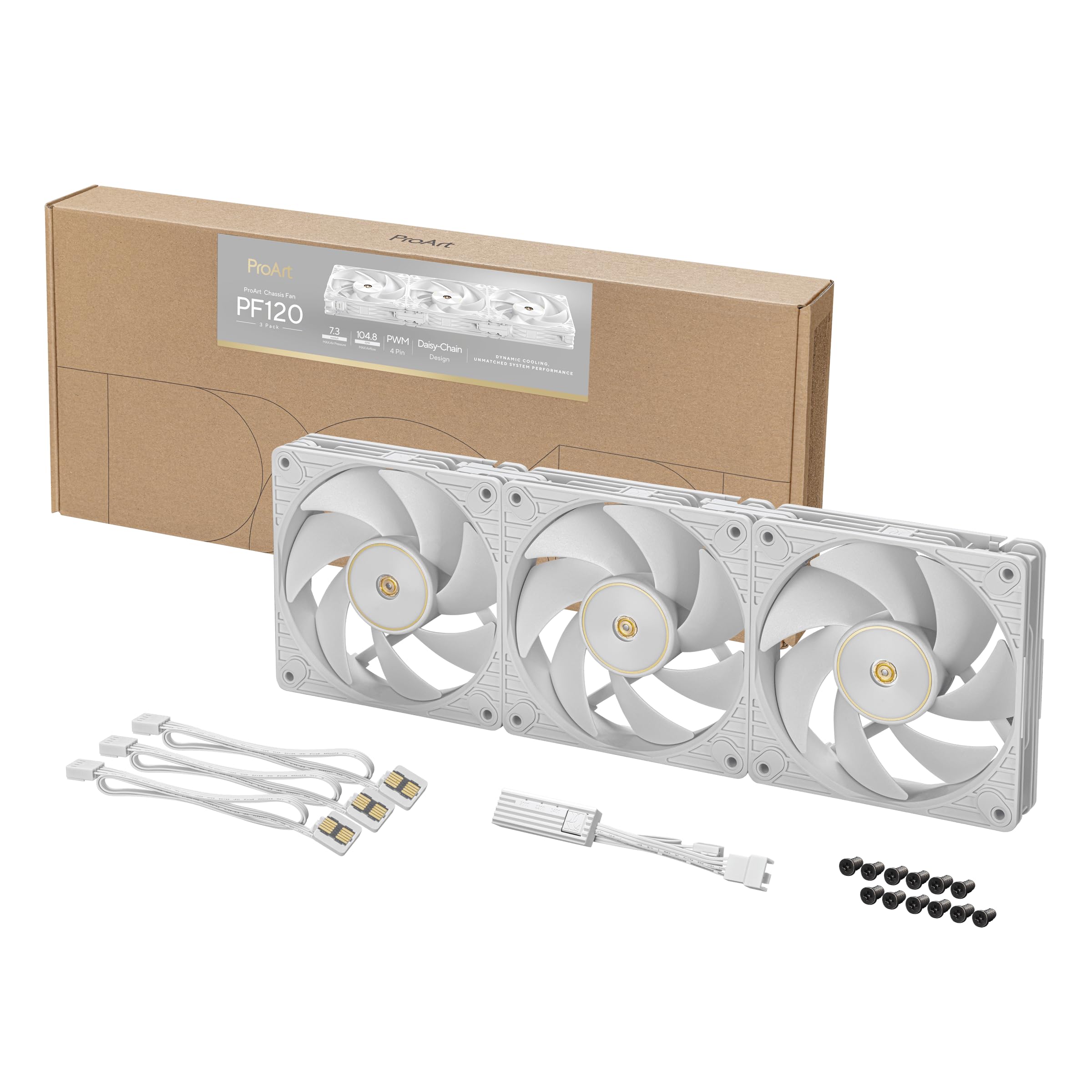 ASUS ProArt PF120 Triple Pack - Ventilateurs PMW de 120 mm, haute performance, cadre de 28 mm, pales LCP, fonctionnement silencieux, ingénierie de précision, connecteurs sur chaîne, blanc